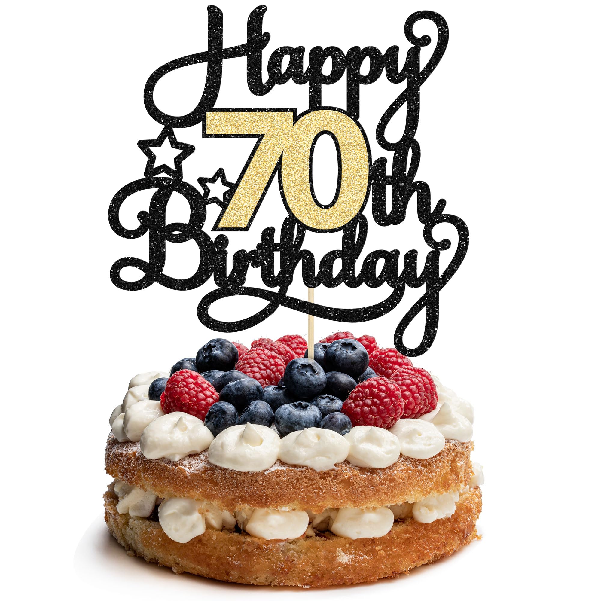 70th Birthday Cake Topper - Glitter 'Cheers to 70 Years' Cake Decoration for Women & Men - Black & Gold Party Supplies for Anniversary Celebrations, Retirement Parties & Milestone Birthday Cakes