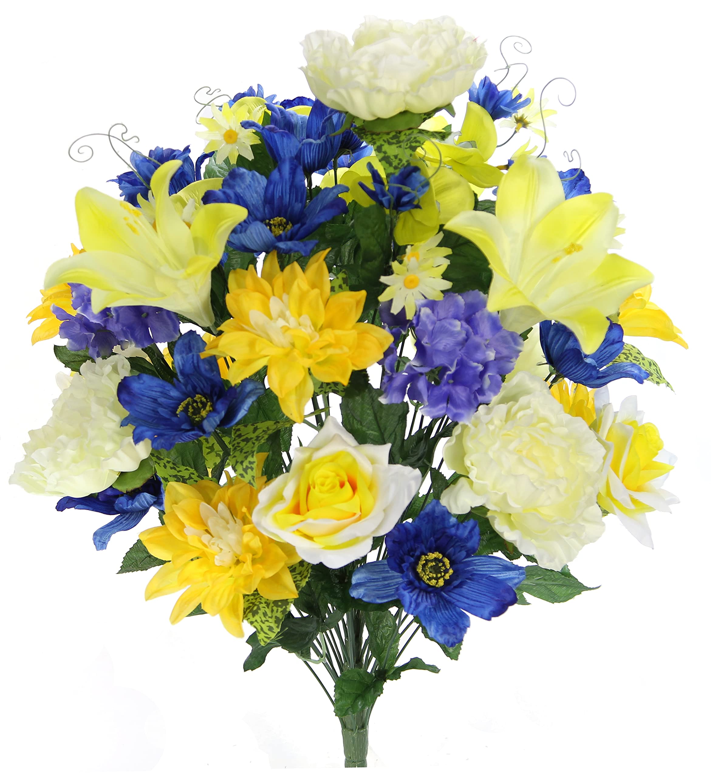 36 Stem Artificial Peony Rose Lily Flowers - Spring Faux Floral Arrangement for Wedding Centerpieces, Home & Outdoor Decor, Cemetery Grave Decorations (Yellow Blue Crème) - Perfect for Weddings, Home Styling & Memorial Displays