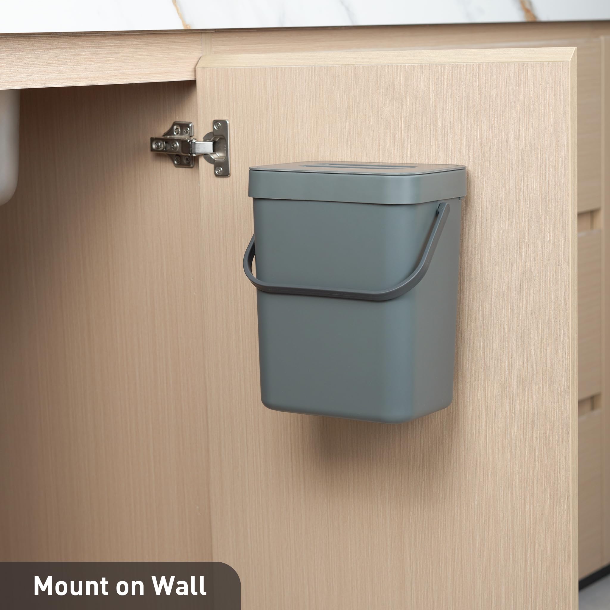 EKO Puro Mini Wall-Mounted Trash Can with Lid - 0.79 Gal / 3L Small Hanging Kitchen Compost Bin for Food Waste - Space-Saving Grey Indoor Garbage Can for Apartments, RVs & Small Spaces