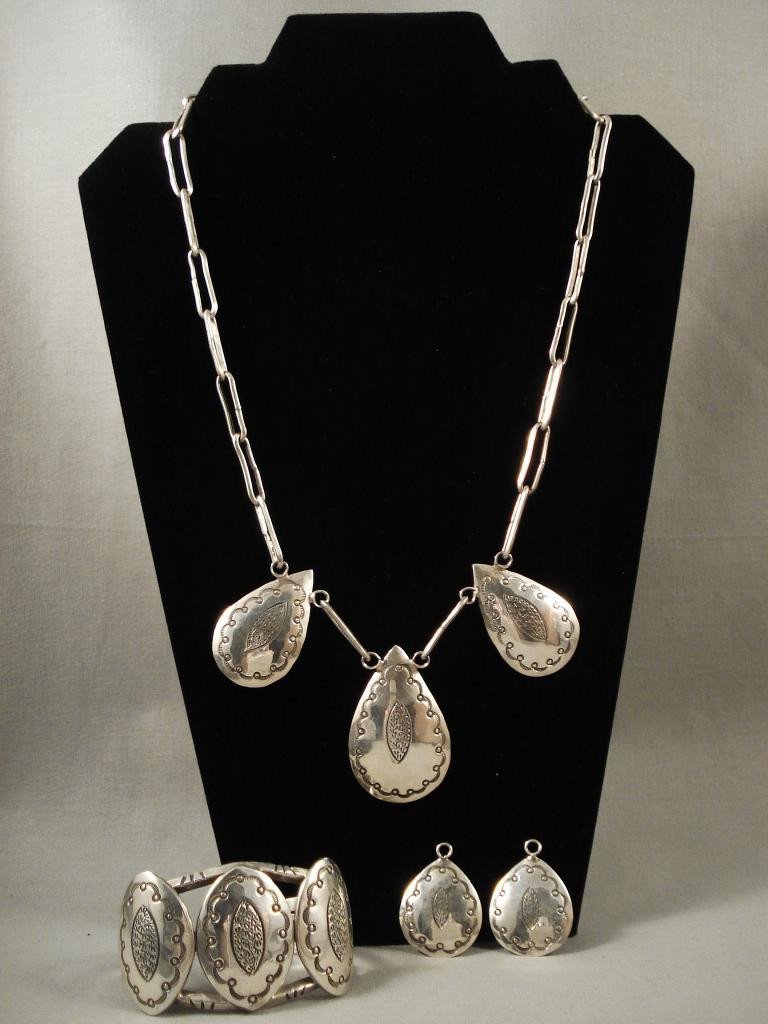 Authentic Vintage Navajo Native American Jewelry Set - Sterling Silver Bracelet & Necklace by Arizona Living Treasure Artist | Handcrafted Southwest Style for Boho Fashion & Cultural Collectors