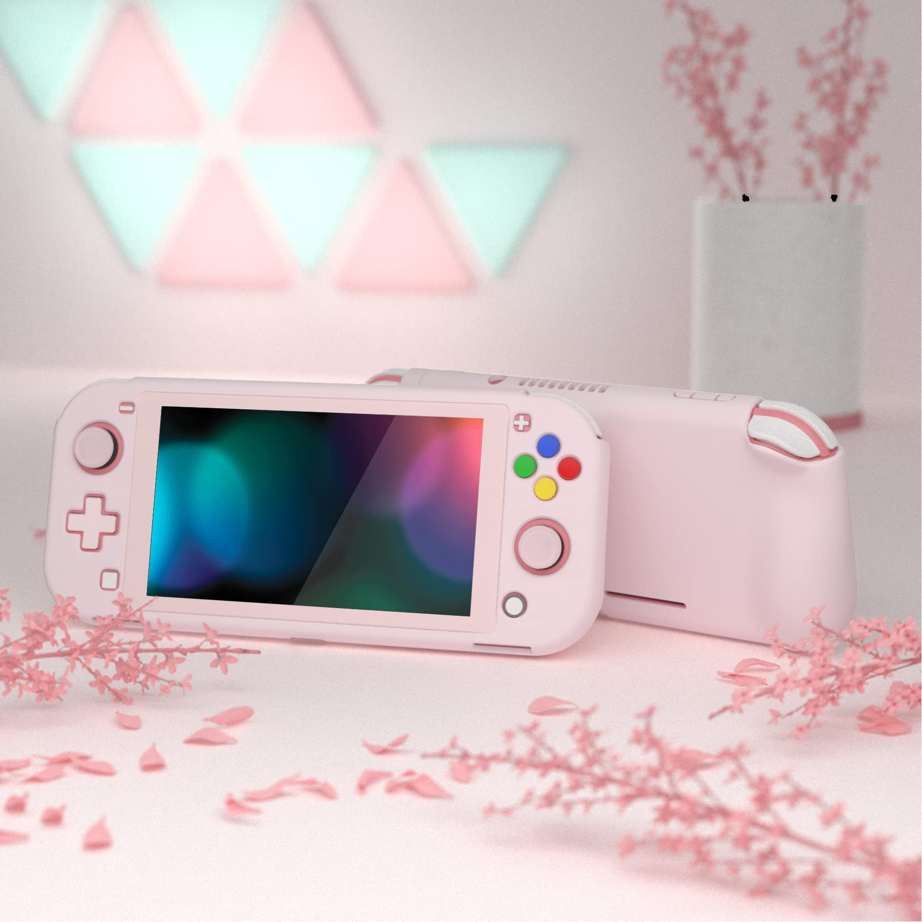 PlayVital ZealProtect Ergonomic Grip Hard Protective Case for Nintendo Switch Lite - Durable Shock-Absorbent Anti-Scratch Cover with Screen Protector & Thumb Grip Button Caps (Cherry Blossom Pink) | Perfect for Gaming On-The-Go, Travel Protection & Long Play Sessions