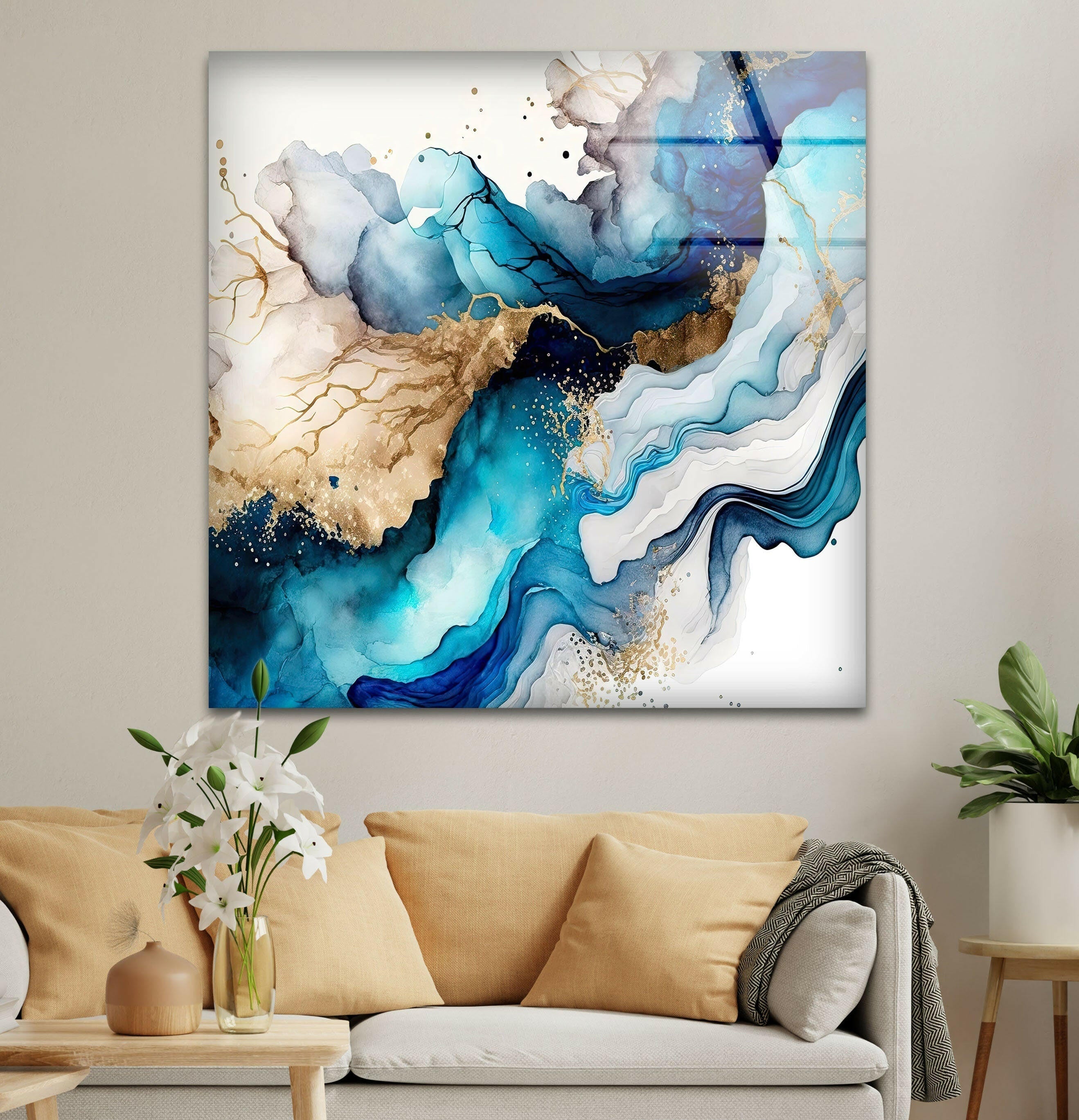 Blue and Gold Fluid Abstract Glass Wall Art - Modern Handmade Home Decor for Living Room, Bedroom, Office | Unique Gift Idea for Housewarming, Wedding