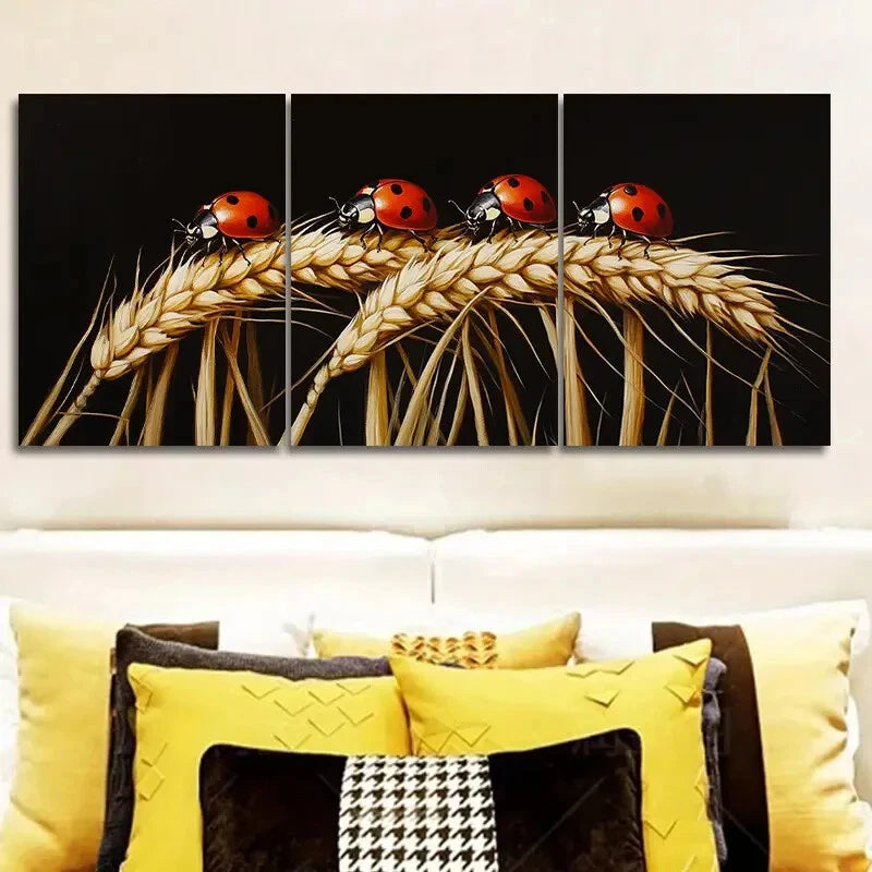 3pcs Ladybug on Wheat Metal Wall Art - Ready to Hang Home Decor for Living Room, Bedroom & Office