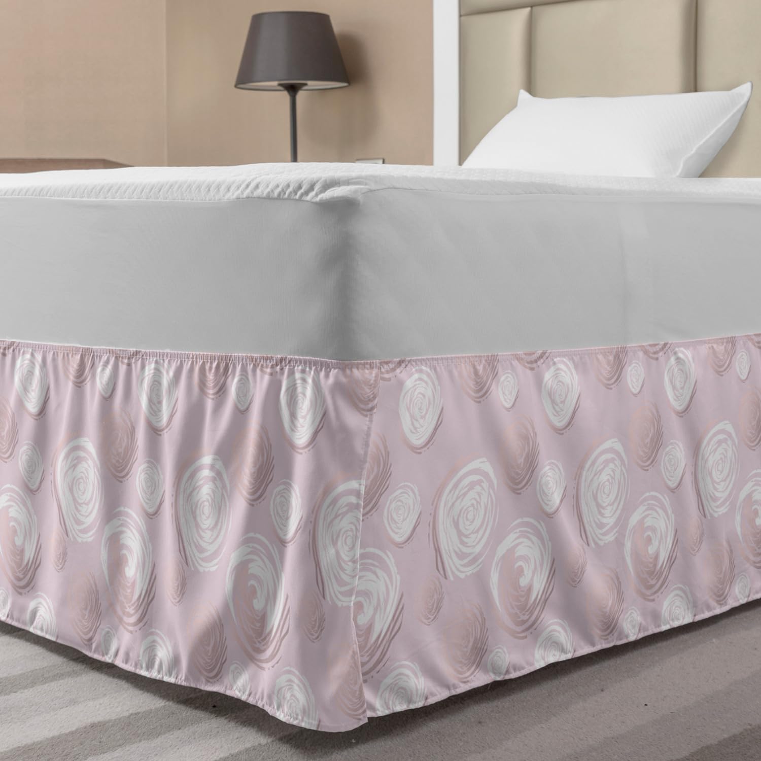Ambesonne Romantic Floral Bed Skirt - Vintage Rose Petals Design, Wrap Around Elastic Gathered Bedskirt for Twin/Twin XL Beds - Pale Rose & White | Perfect for Bedroom Decor, Guest Rooms & Vintage Themed Home Styling