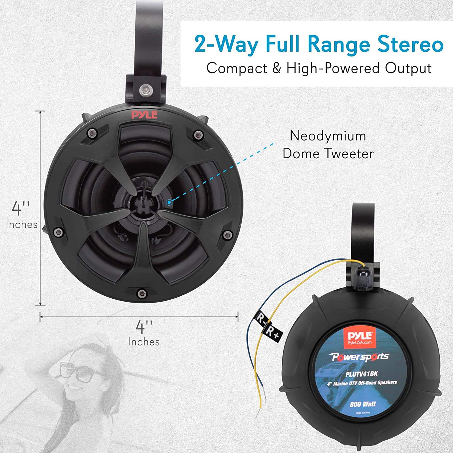 Pyle PLUTV41BK 4 Inch 800 Watt 2-Way Waterproof Marine Speakers - Dual Off-Road Stereo System for ATV, UTV, Quad, Jeep & Boat - Black | Perfect for Wakeboard Towers, Outdoor Adventures & Marine Audio
