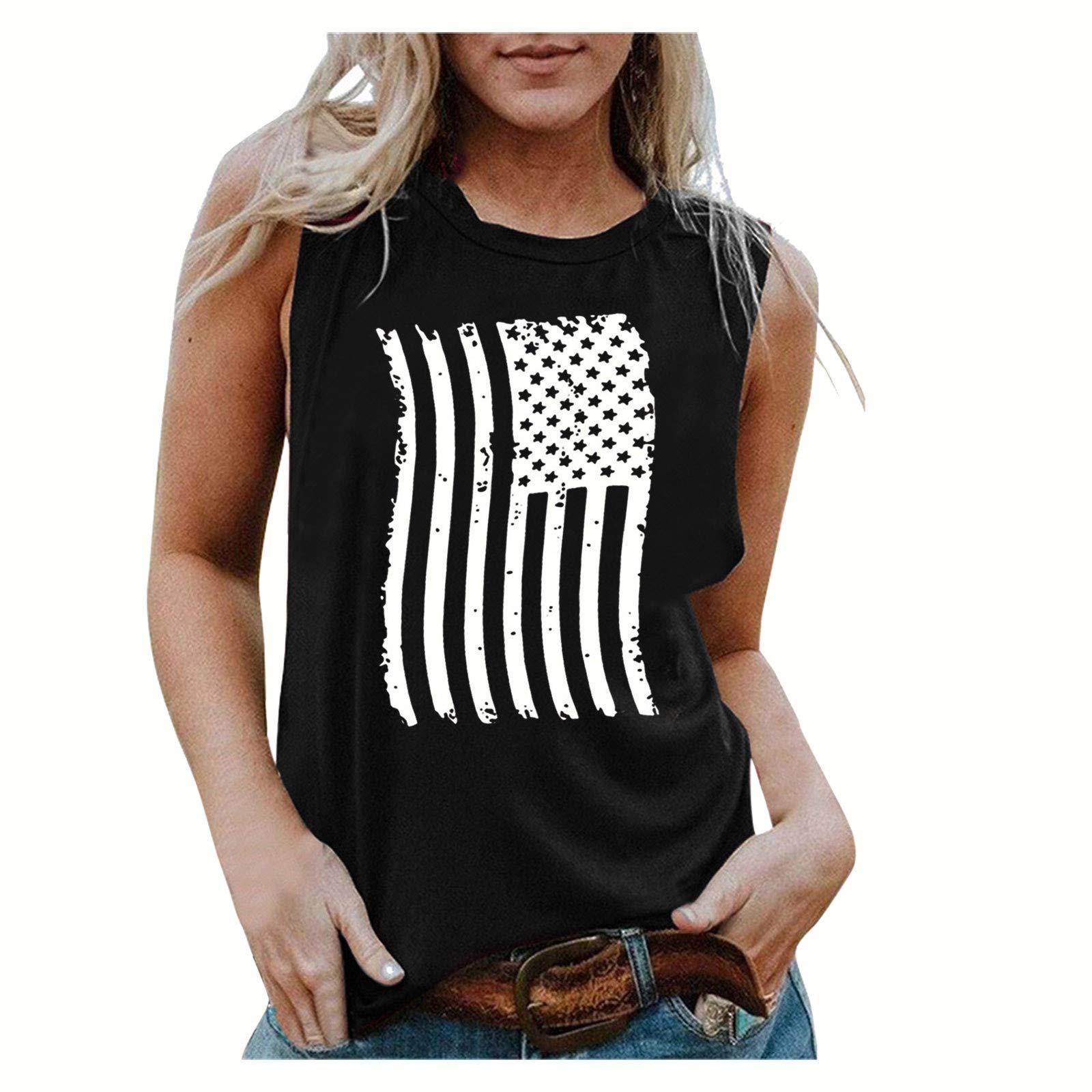 Women's 4th of July American Flag Print Tank Top - Sleeveless O-Neck Casual Blouse, Loose Fit Workout Tee for Summer, Beach, Gym & Patriotic Events
