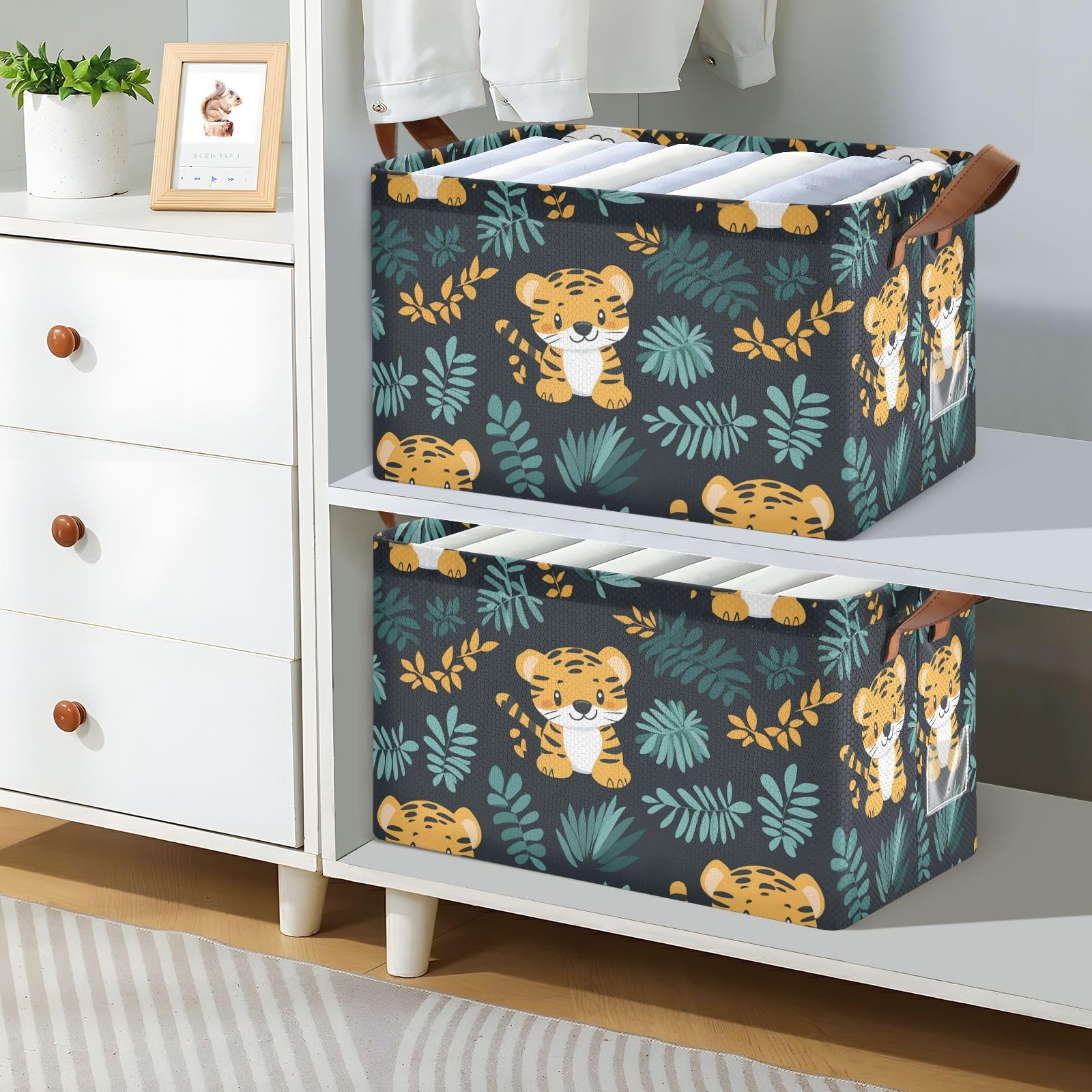 Collapsible Storage Baskets with Handles - Jungle Cute Animal Tigers Fabric Closet Organizer for Clothes, Pantry, Shelves & Drawers | Sturdy Desktop & Classroom Office Storage Solution for Home Organization
