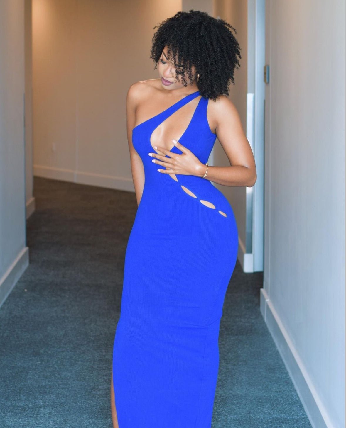 Royal Blue Ribbed One Shoulder Cut Out Slit Dress - Elegant Bodycon Party Gown for Night Out, Club Wear, and Special Occasions