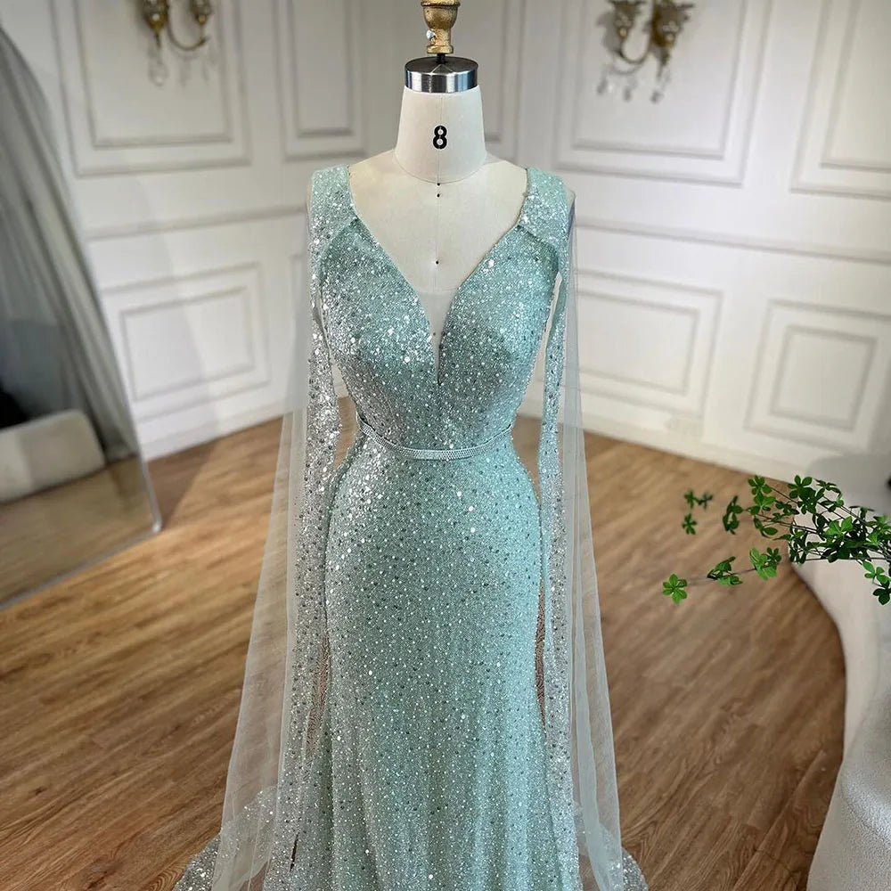 Elegant Arabic Turquoise Mermaid Evening Dress with Beaded Cape Sleeves for Women's Party | Dubai Luxury Formal Gown | Perfect for Weddings, Galas & Special Occasions - LA72574