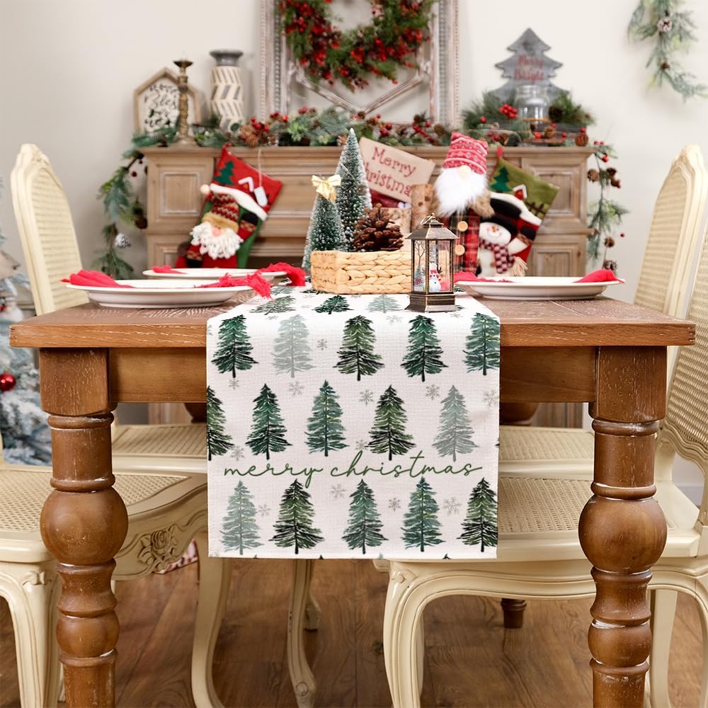 ARKENY 13x72 Inch Green Christmas Tree Table Runner - Holiday Indoor Outdoor Table Decoration for Home - Perfect for Christmas Dinner, Party & Winter Home Decor
