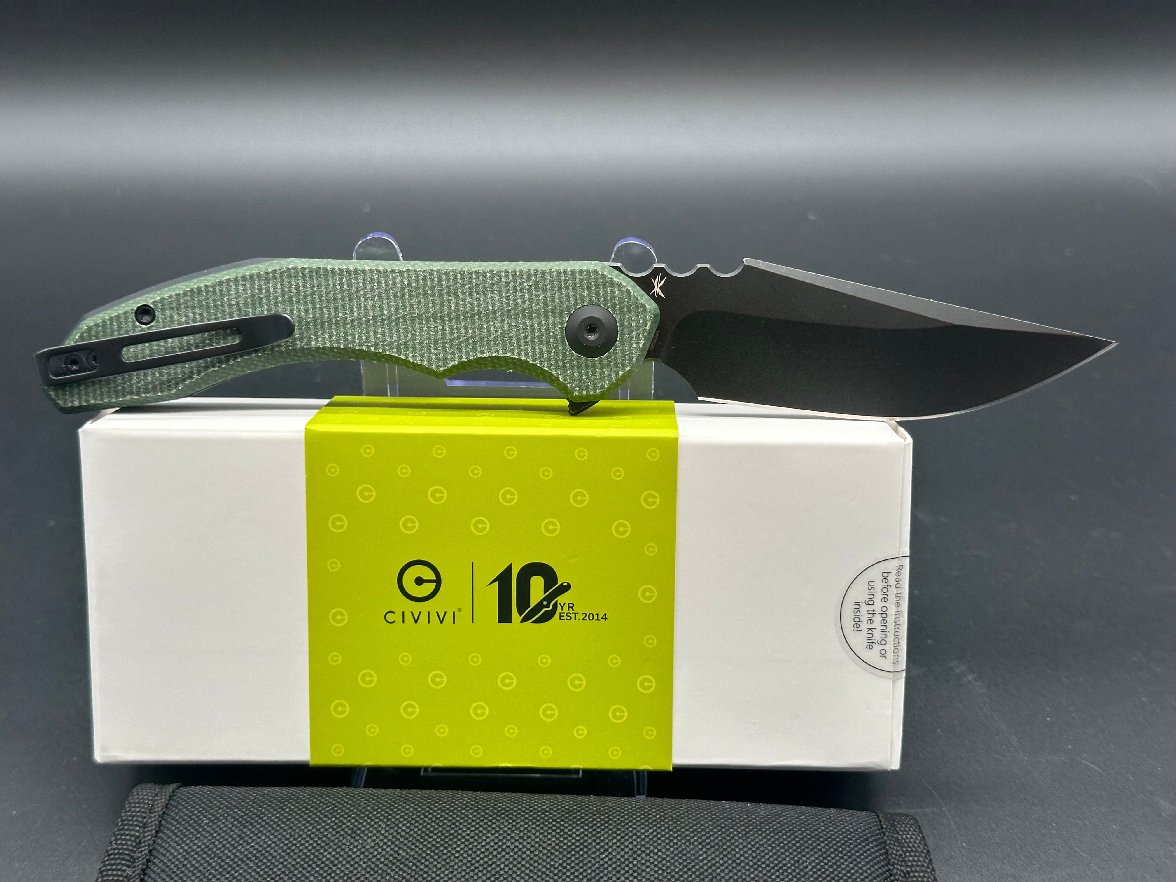 CIVIVI BLUETICK Folding Pocket Knife - Green Canvas Micarta Handle, 14C28N Steel Drop Point Blade, Plain Edge with Black Stonewash Finish (Model C23050-3) - Perfect for Camping, Hiking & Everyday Carry (EDC)