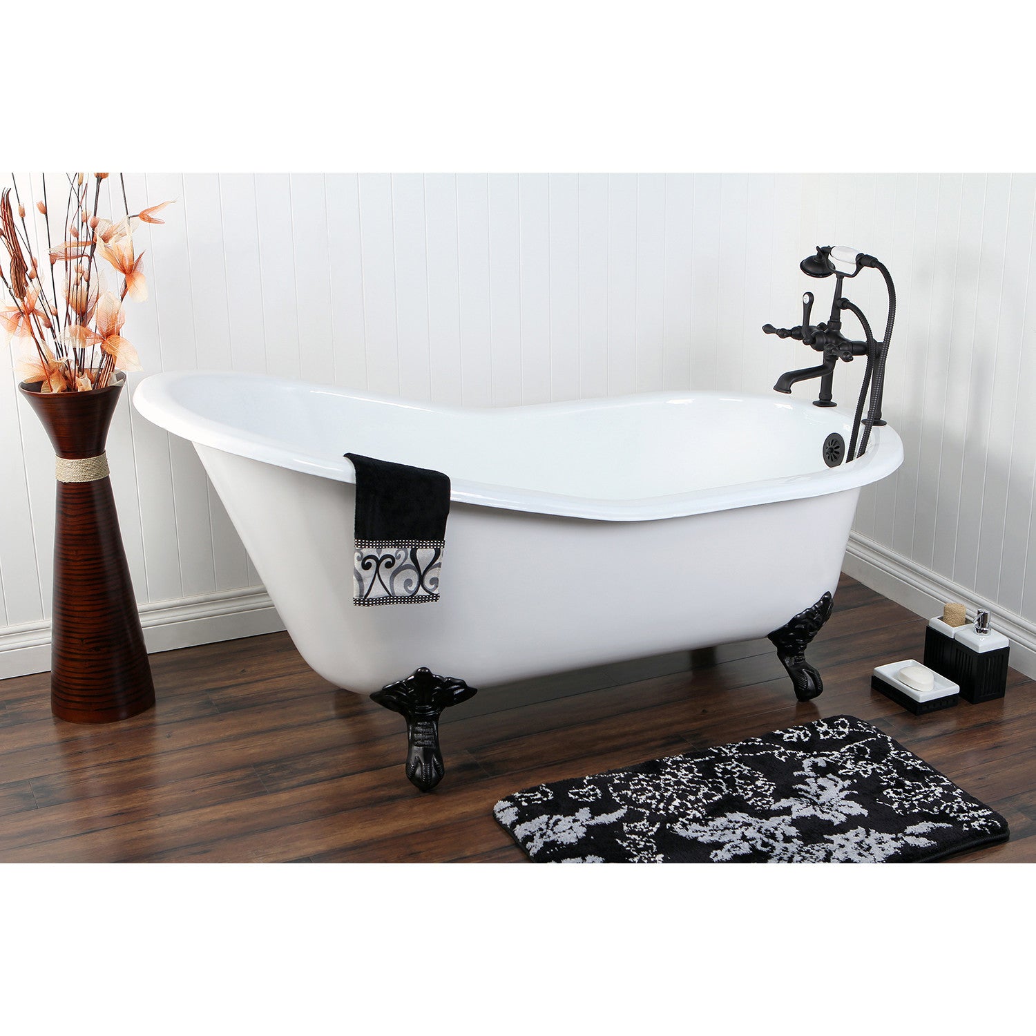 Aqua Eden 61 Inch White Cast Iron Clawfoot Bathtub - Oval Single Slipper Design with Oil Rubbed Bronze Faucet (7 Inch Drillings) | Vintage Bathroom Decor, Luxury Soaking Tub for Spa-Like Experience