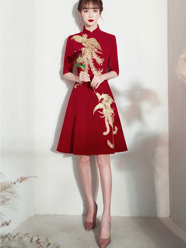 Elegant Burgundy A-Line Phoenix Cheongsam Qi Pao Wedding Dress for Brides - Perfect for Traditional Chinese Weddings, Tea Ceremonies & Cultural Celebrations