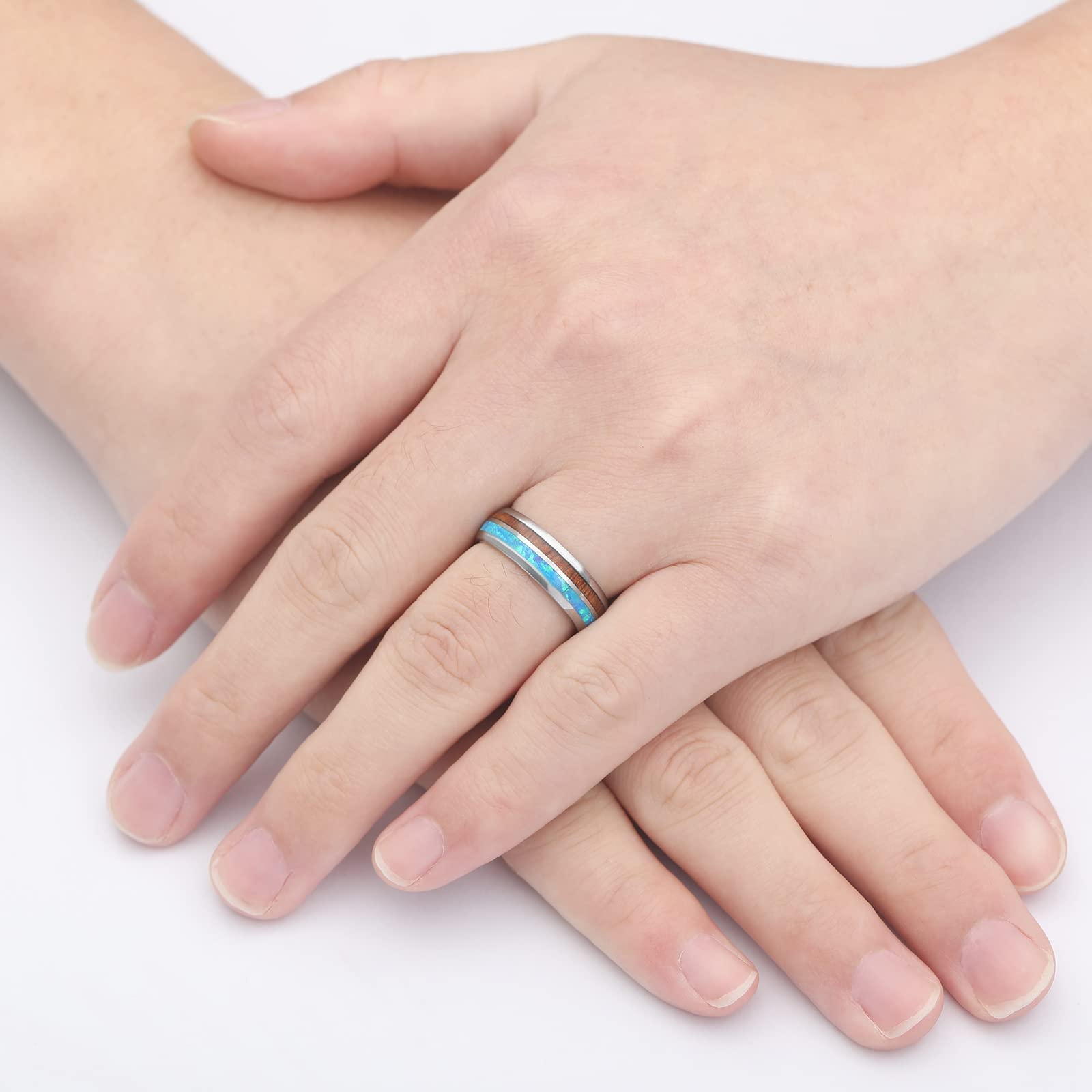 6MM Silver Tungsten Rings for Men & Women - Hawaiian Koa Wood & Blue Opal Inlay Wedding Bands, Comfort Fit Size 6-12 - Perfect for Anniversaries, Engagements & Unique Gift Giving