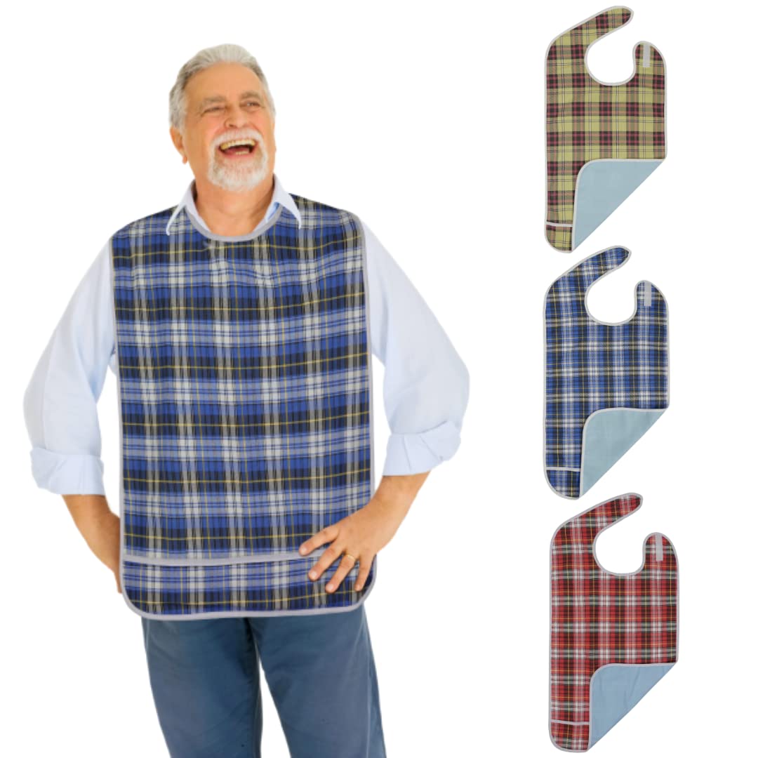 Modaliv Adult Bibs - 3 Pack Waterproof Reusable Bibs with Crumb Catcher for Seniors - Washable Extra Long Clothing Protectors for Men & Women (Blue, Beige, Red) - Perfect for Dining, Assisted Living & Mealtime Independence
