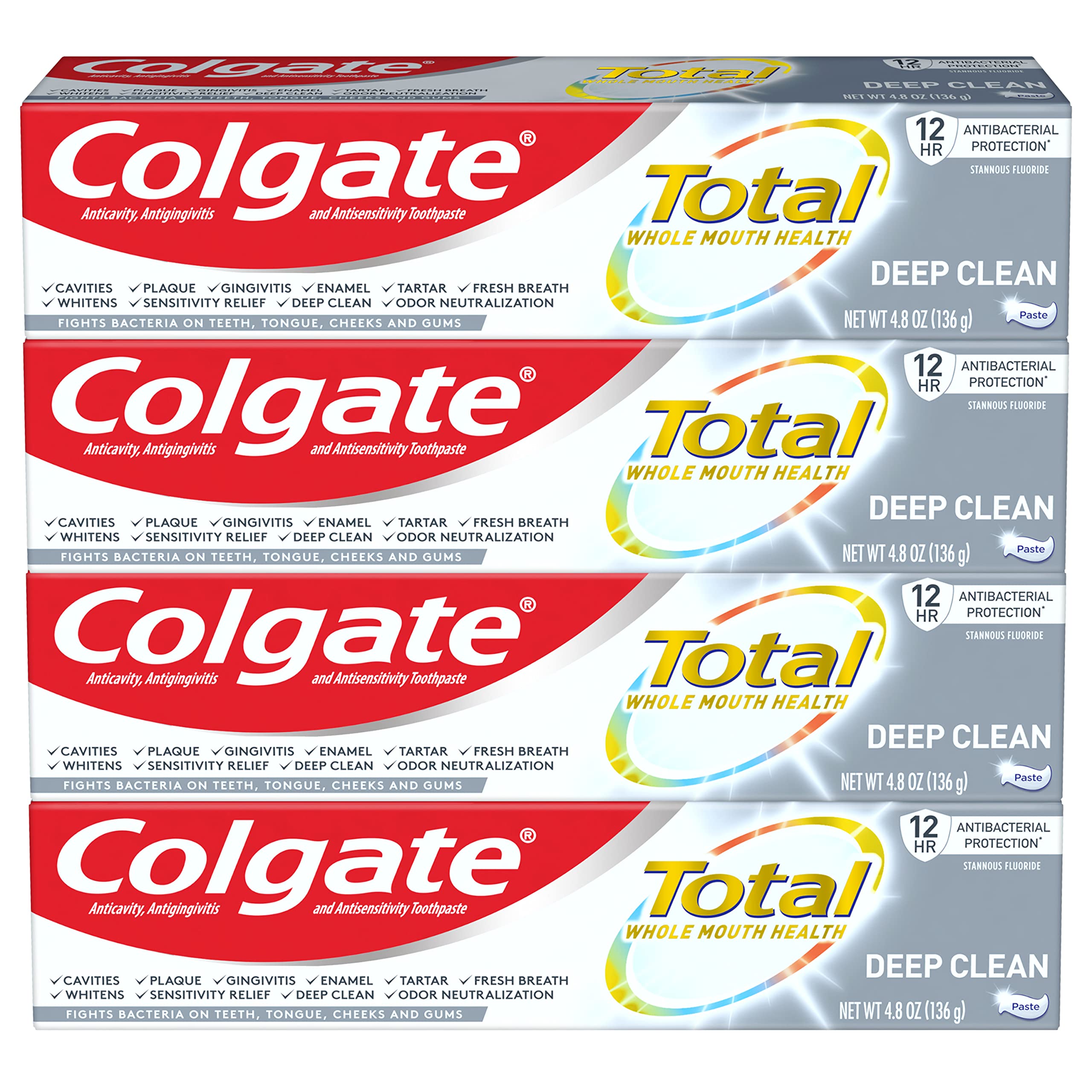 Colgate Total Toothpaste with Stannous Fluoride & Zinc | Whitening, Sensitivity Relief & Cavity Protection | Deep Clean Mint Flavor | 4.8oz (4-Pack) | Ideal for Daily Oral Care & Family Use