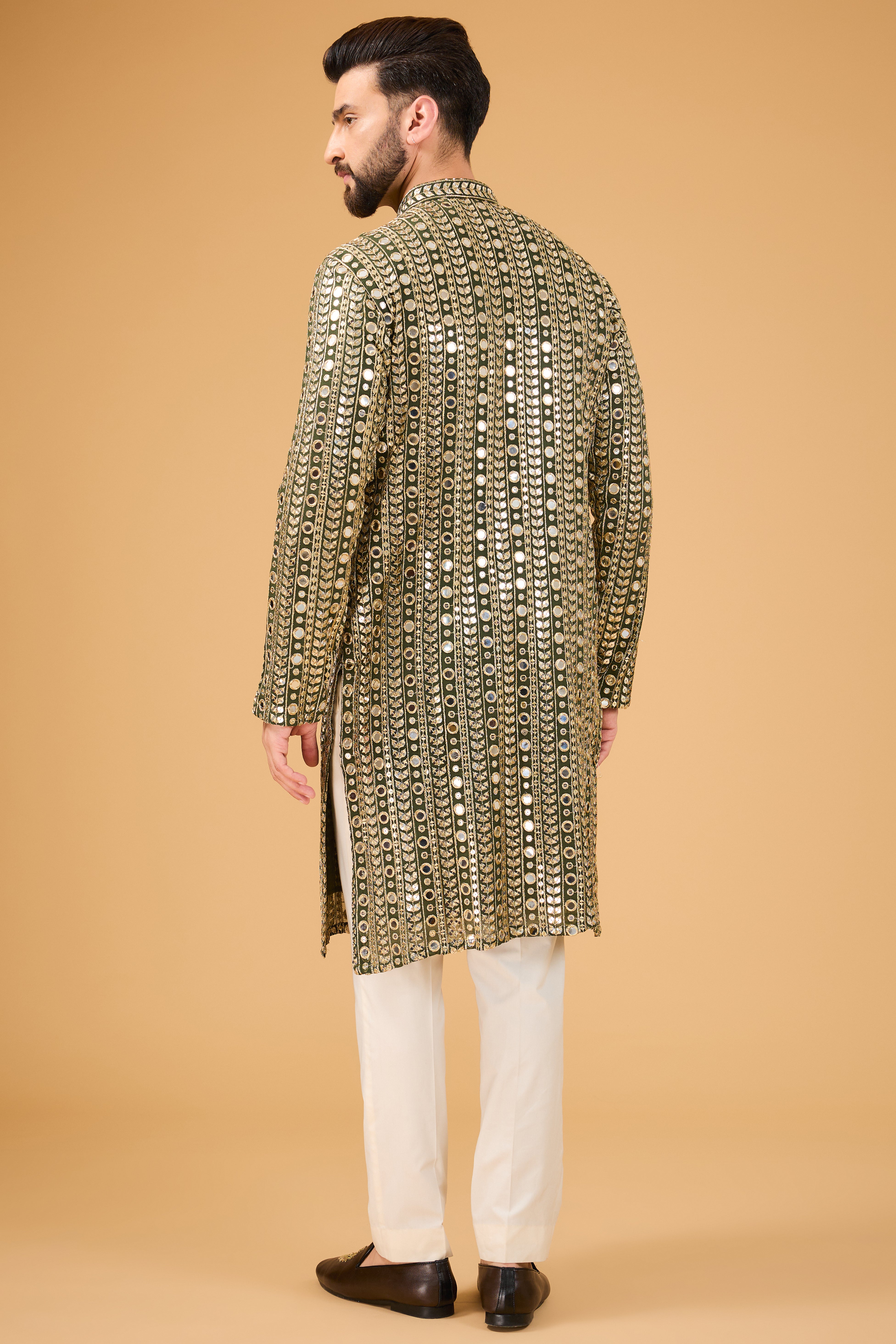 Military Green Mirror Work Kurta with Detailed Golden Zari Work - Elegant Ethnic Embroidered Tunic for Women - Perfect for Festivals, Weddings & Special Occasions