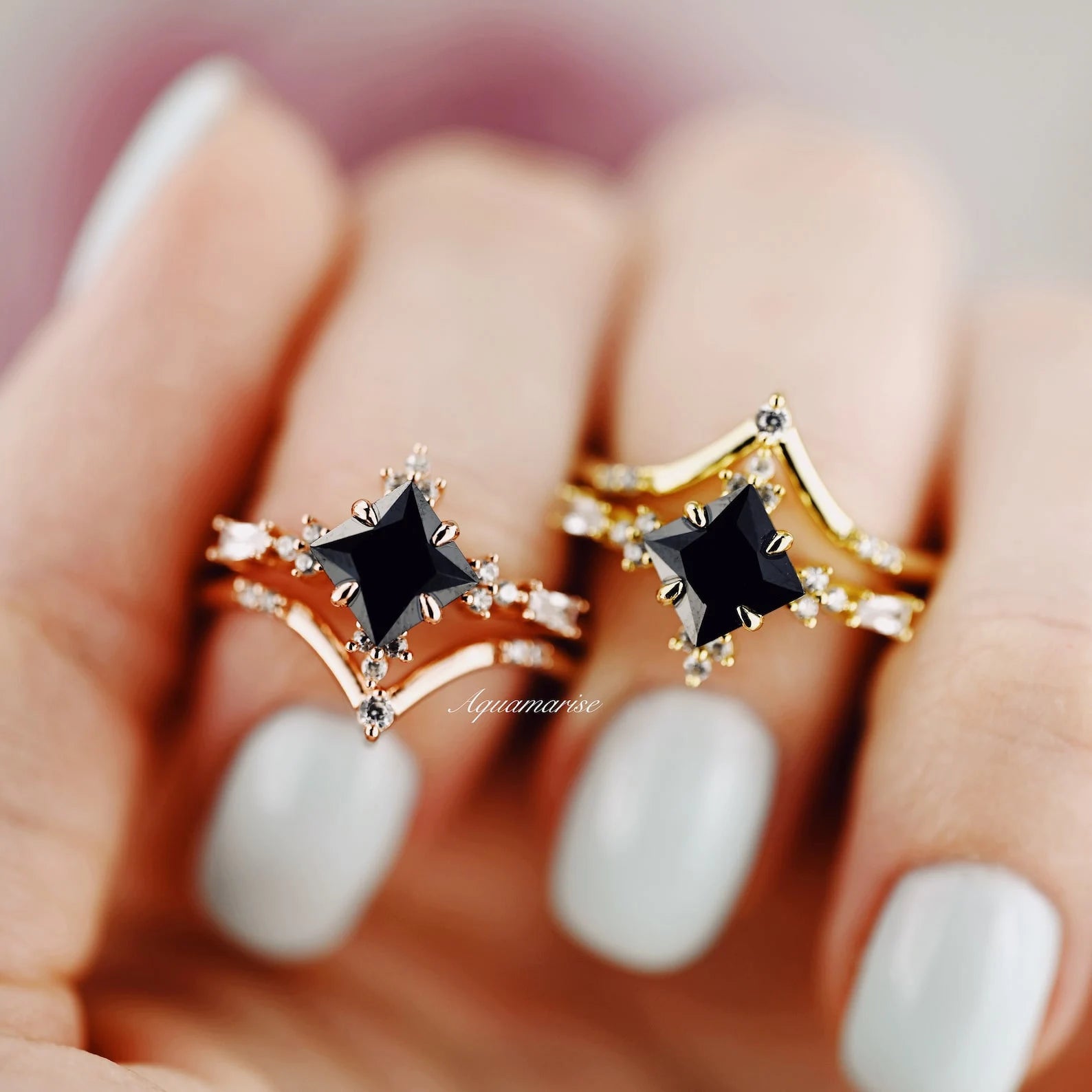 Black Onyx & Meteorite Gold Leaf Couples Ring - Elegant Matching Wedding Bands for Him & Her - Perfect for Anniversaries, Engagements and Romantic Gifts
