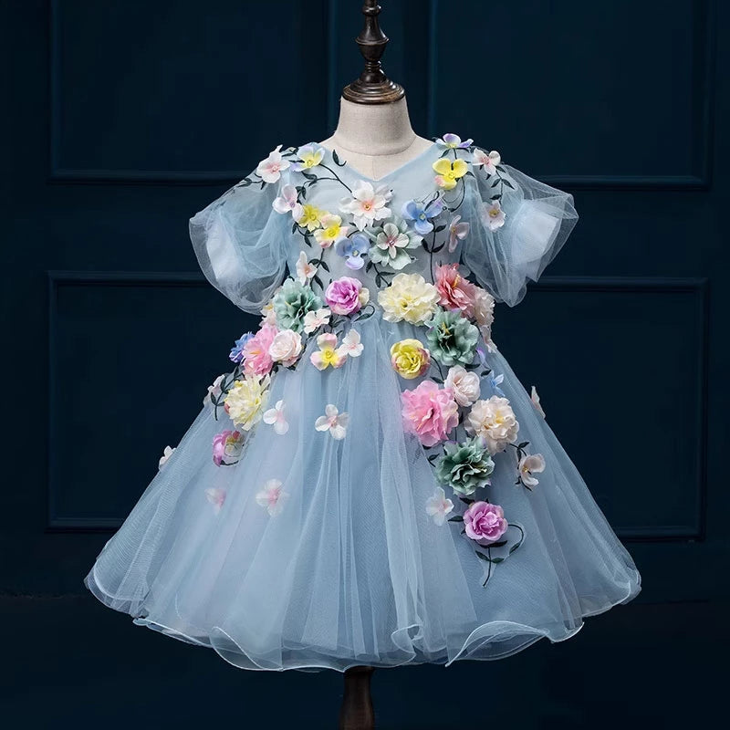 Blue Princess V-Neck Tea-Length Tulle Flower Girl Dress for Weddings, Parties & Special Occasions