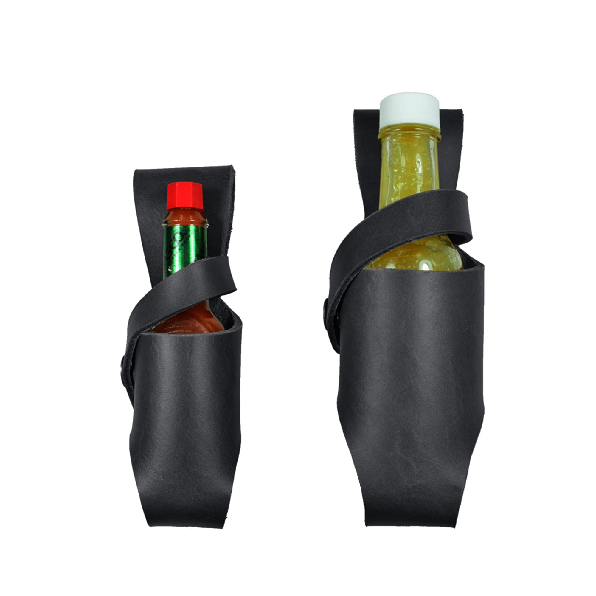 Premium Full Grain Leather Hot Sauce Holster Set (5oz & 2oz) - Handmade Bottle Belt Sheath Compatible with Tobasco, Cholula, Sriracha - Perfect for BBQ, Camping & Outdoor Cooking Accessories