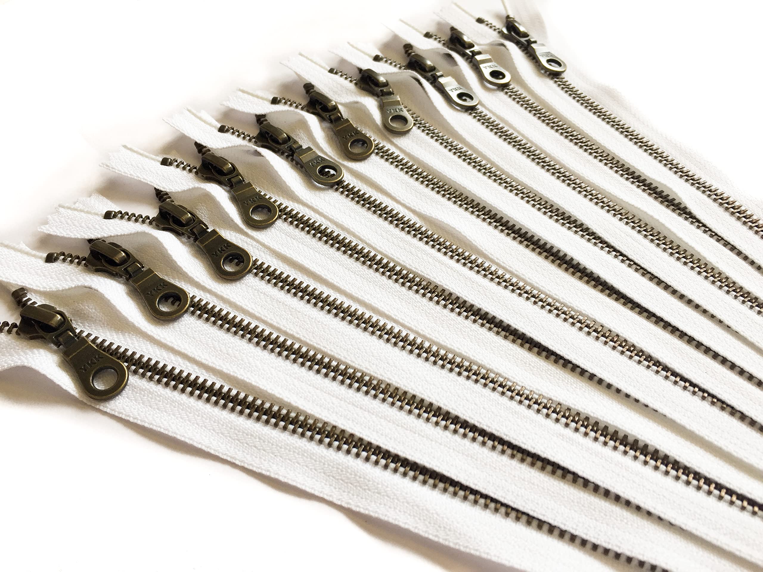 YKK 8 Inch Aluminum Metal Zippers with Donut Pull - Size #5 White Antique Brass Teeth - 12 Pack for DIY Crafts, Handbags & Apparel Making - Premium Durable Zippers for Sewing Projects