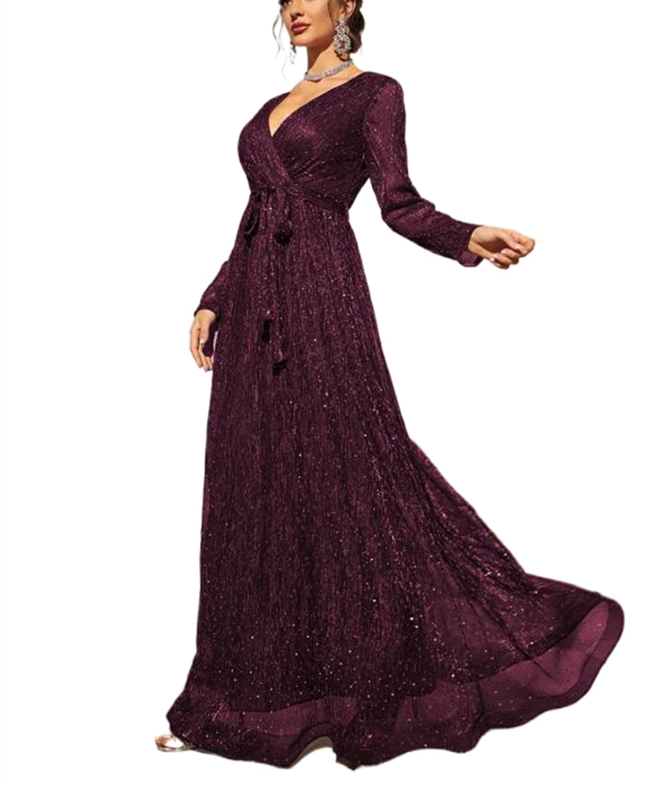 Elegant Long Sleeve Sequins V-Neck A-Line Evening Dress for Women - Formal Party Gowns & Special Occasion Dresses - Perfect for Prom, Wedding Guest, Cocktail Party & Black Tie Events