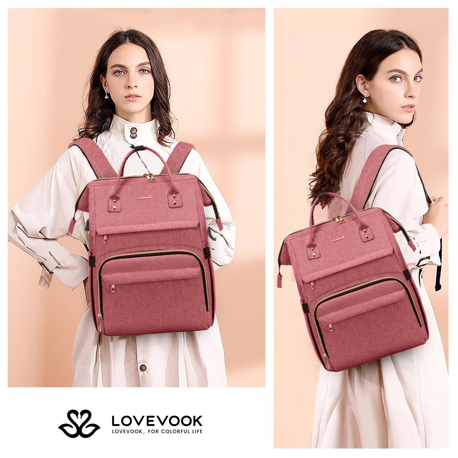 LOVEVOOK 17 Inch Laptop Backpack for Women - Waterproof USB Charging Travel Backpack, Professional Work Bag for College, Nurse & Teacher - Light Red | Perfect for Business Trips, Commuting & School Use
