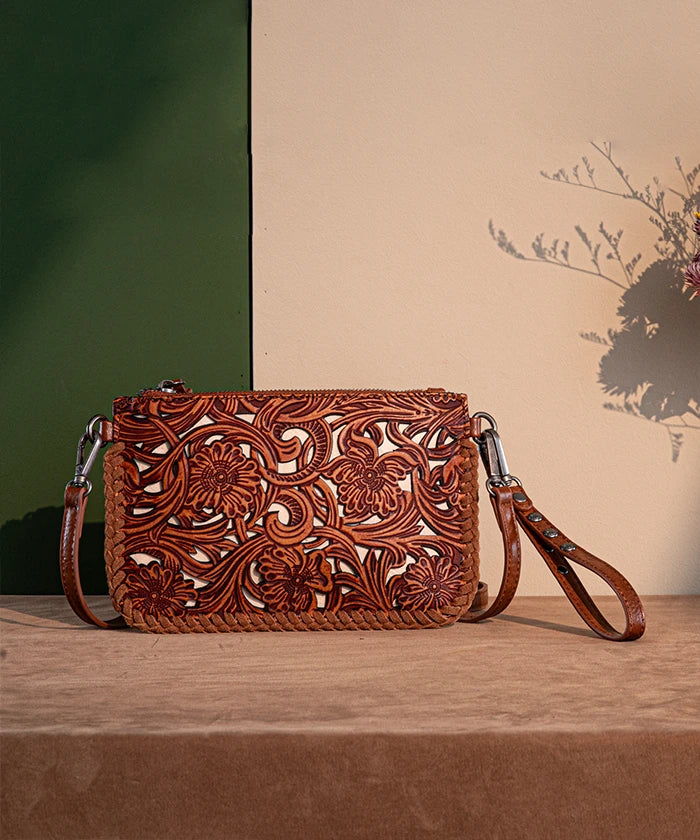 Trinity Ranch Genuine Leather Tooled Crossbody Purse for Women - Western Boho Handbag with Adjustable Strap - Perfect for Daily Use, Travel & Outdoor Events