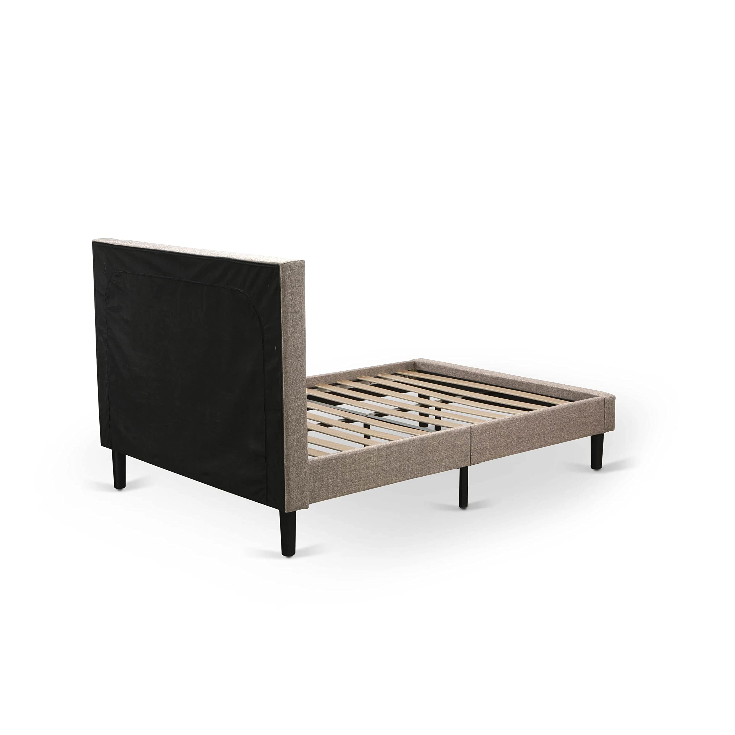 East West Furniture KDF-16-Q Queen Size Upholstered Platform Bed with Button Tufted Headboard - Dark Khaki Linen Fabric, Black Legs - Modern Bedroom Furniture for Master Bedroom, Guest Room, Apartment