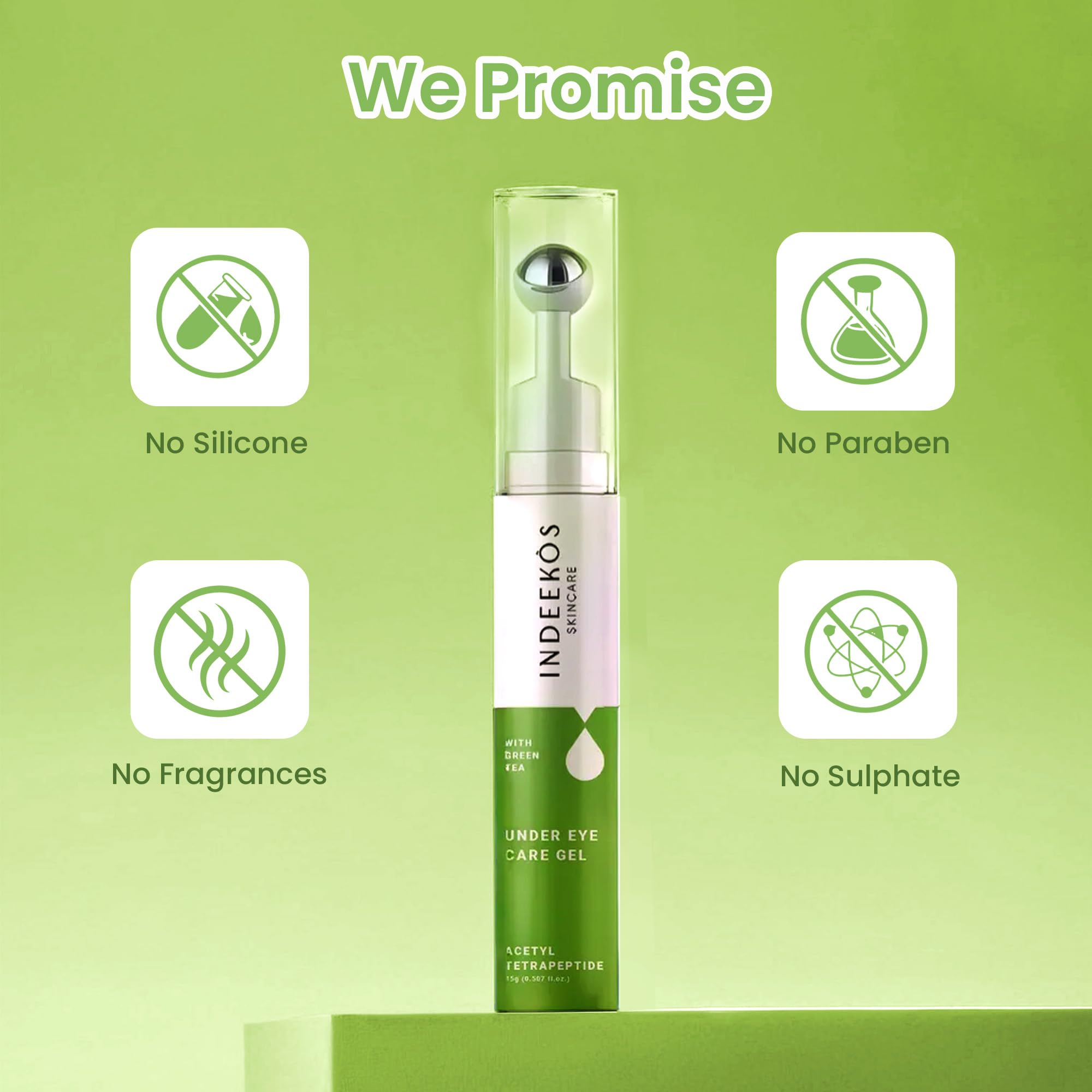INDEEKOS Under Eye Gel Cream with Caffeine & Green Tea - Reduces Dark Circles, Puffiness, Wrinkles & Fine Lines - Hydrating Glow Booster for Men & Women - Vegan 15g - Perfect for Night Routine & Travel Skincare