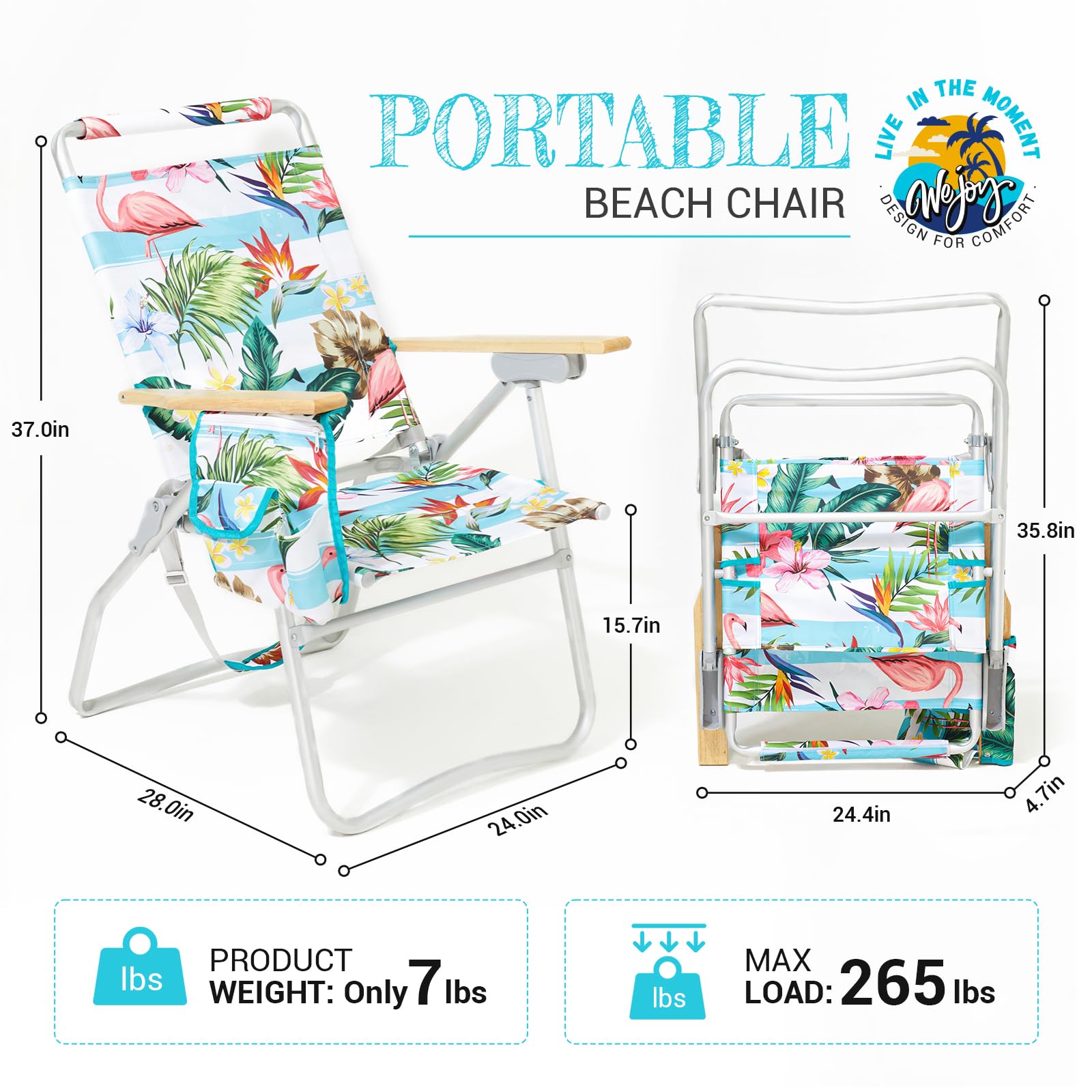 WEJOY High Back Aluminum Beach Chair - 2 Pack Adjustable Folding Camping Chairs with Wooden Armrest, Cup Holder & Storage Bag for Outdoor, Fishing, Sunbathing (Cyan Pink) - Perfect for Beach, Poolside, Backyard & Picnics