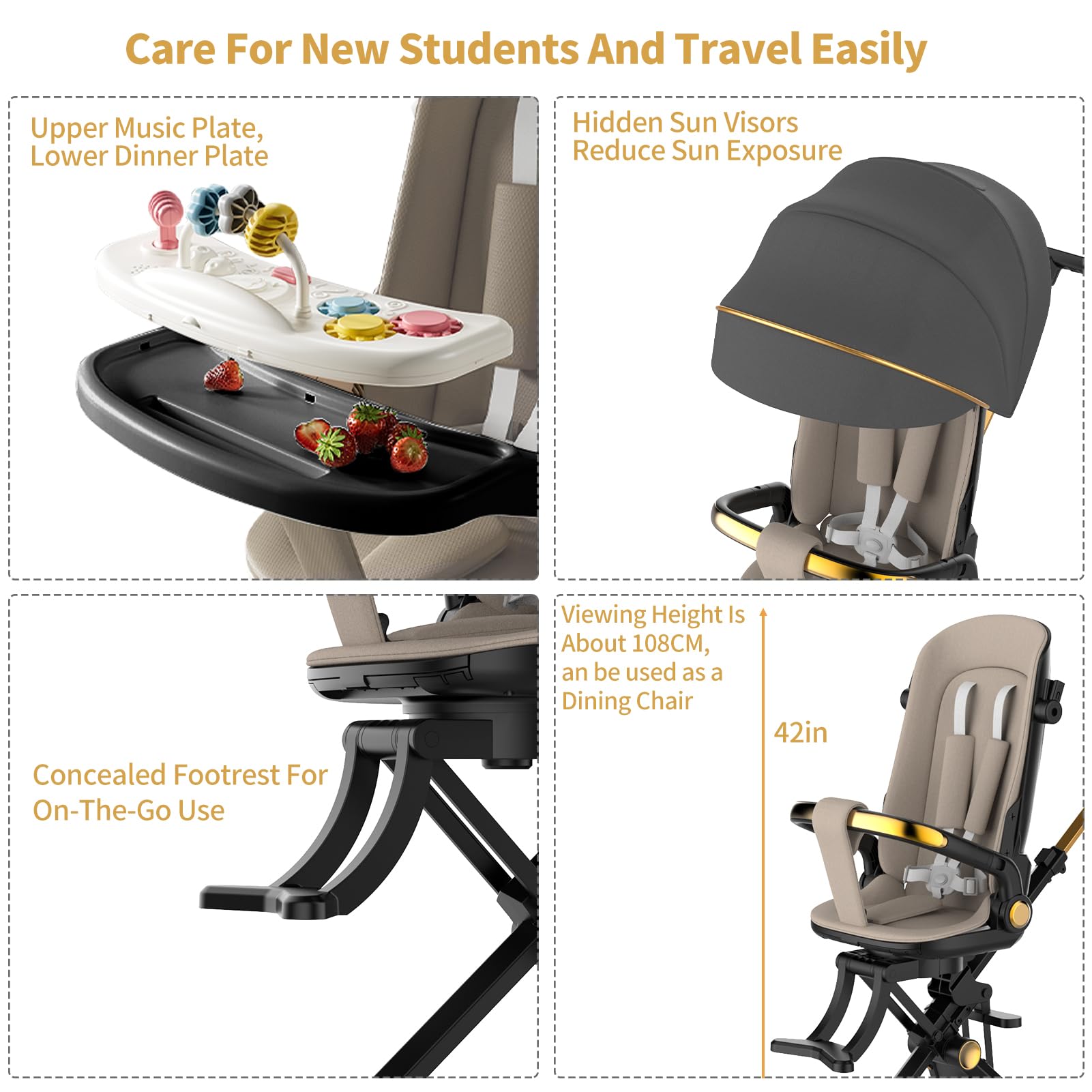 Lightweight Baby Stroller with Snack Tray & Music Player - 360° Rotating Seat, Large Storage Basket & 5-Point Safety Harness - Portable Travel Stroller for Toddlers 2-4 Years - Perfect for Shopping, Travel & Outdoor Walks