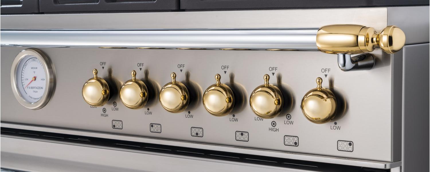 Bertazzoni Gold Decor Knob Set for Range and Hood - Premium Kitchen Hardware for Stove and Ventilation - Perfect for Modern and Luxury Home Kitchens