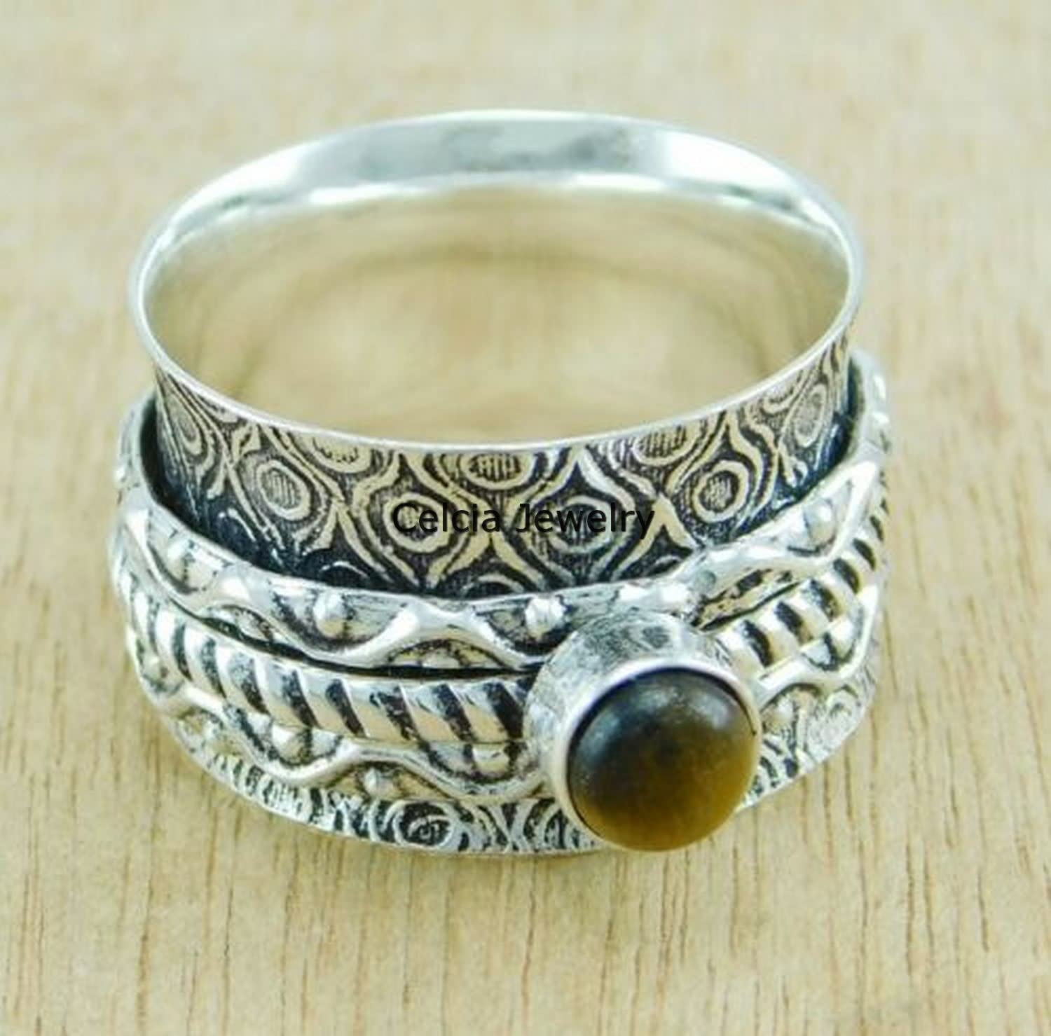 Tiger Eye Gemstone Spinner Ring - 925 Sterling Silver Unisex Handmade Jewelry for Meditation & Stress Relief - Fidget Spinner Ring for Anxiety, Focus & Relaxation - Unique Gift for Men & Women (Size 7) - Perfect for Office, Travel & Daily Wear