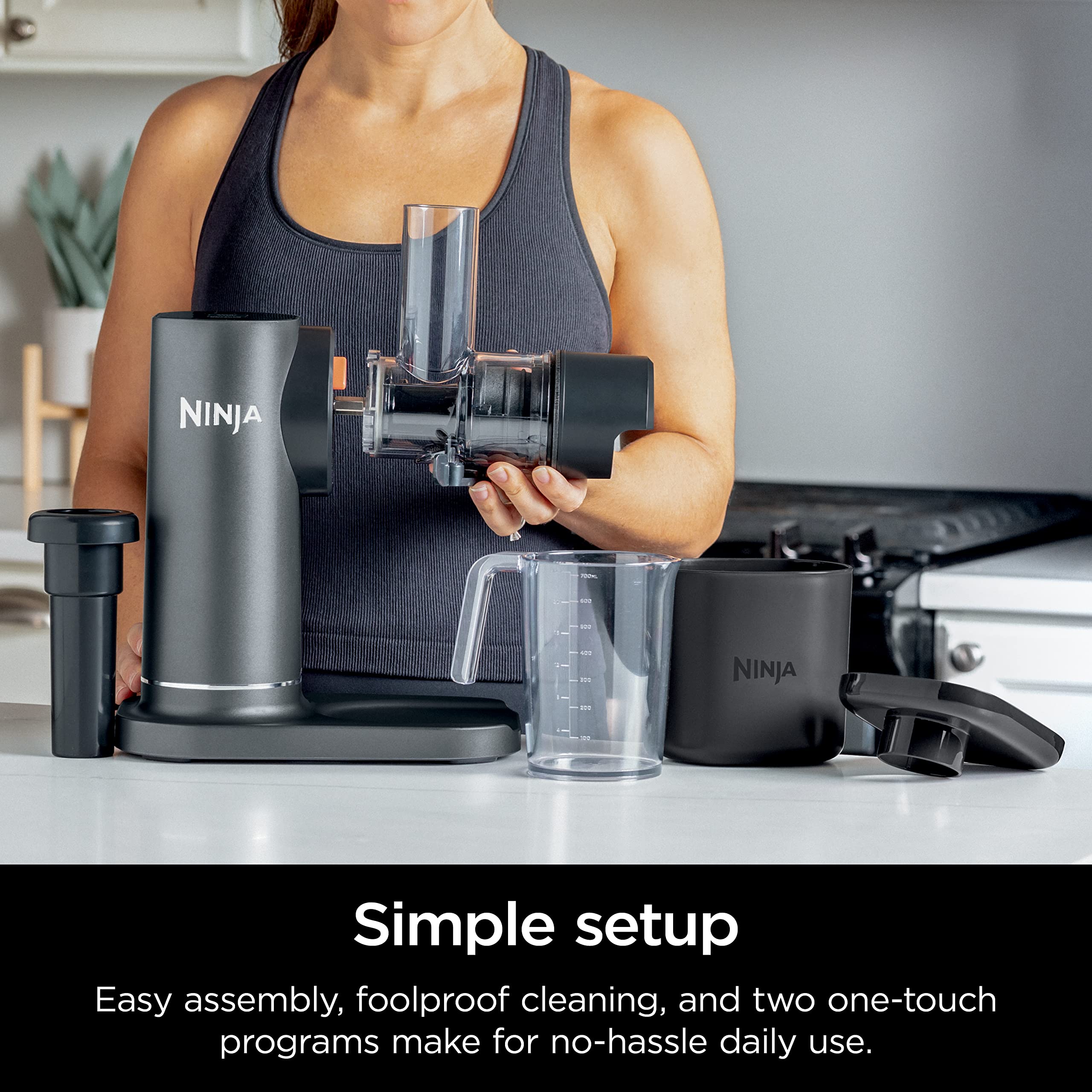 Ninja JC151 NeverClog Cold Press Juicer - Powerful Slow Masticating Juicer with Adjustable Pulp Control, Quiet Countertop Electric Juicer for Fruits & Vegetables, 2 Pulp Settings, Dishwasher Safe, 2nd Gen Charcoal - Perfect for Healthy Juicing, Detox & Weight Loss at Home