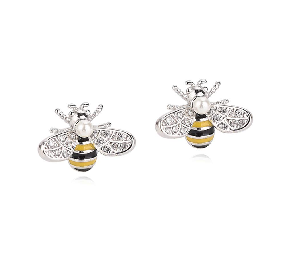 Reffeer Solid 925 Sterling Silver Bumble Bee Stud Earrings for Women - Small Cute Freshwater Pearl Bee Jewelry - Perfect for Everyday Wear, Gift Giving & Spring Fashion Accessories