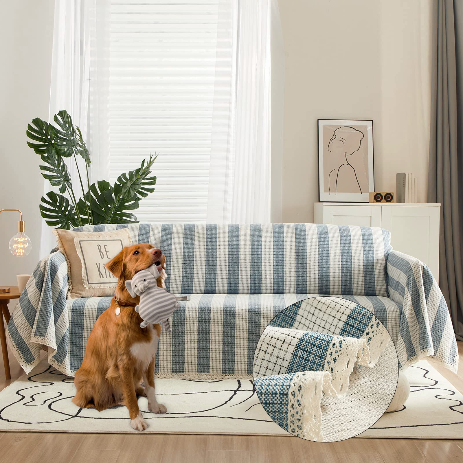 Handontime Blue Striped Chenille Sofa Slipcover - L-Shape Sectional Couch Cover for 3 Cushion Sofas (71