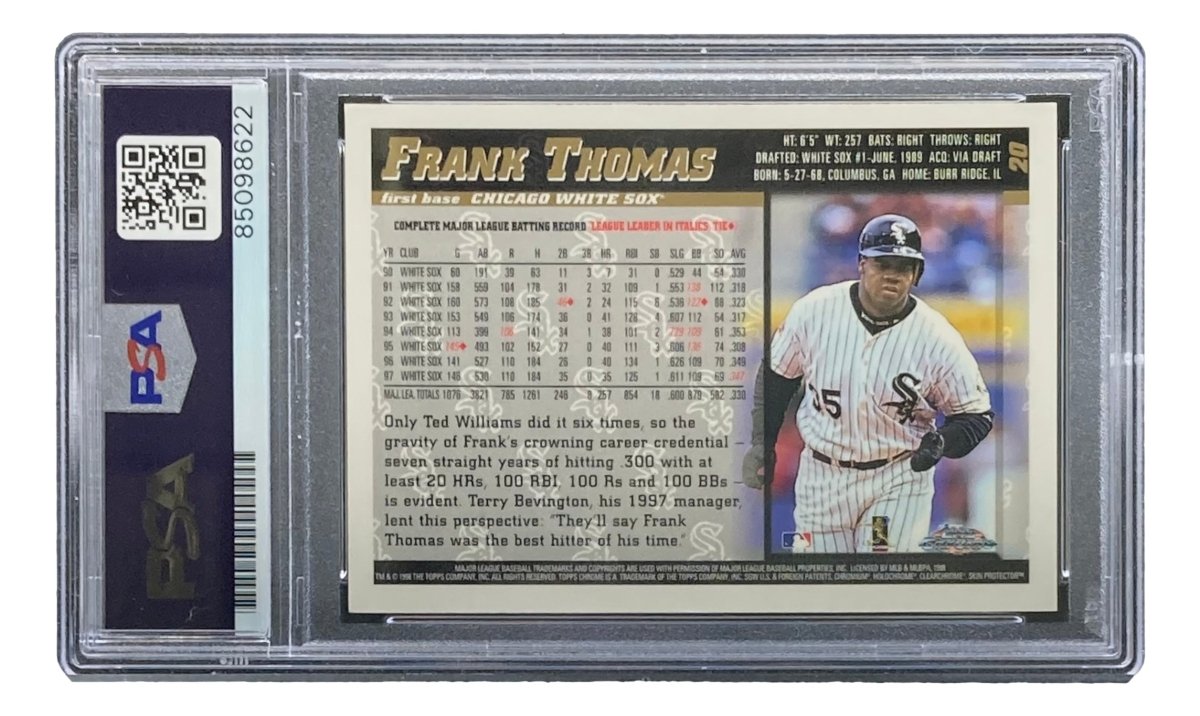Frank Thomas Autographed 1998 Topps #20 Chicago White Sox Baseball Card - PSA/DNA Certified - Collectible Memorabilia for Sports Fans & Card Enthusiasts - Perfect for Display, Investment, or Gift Giving