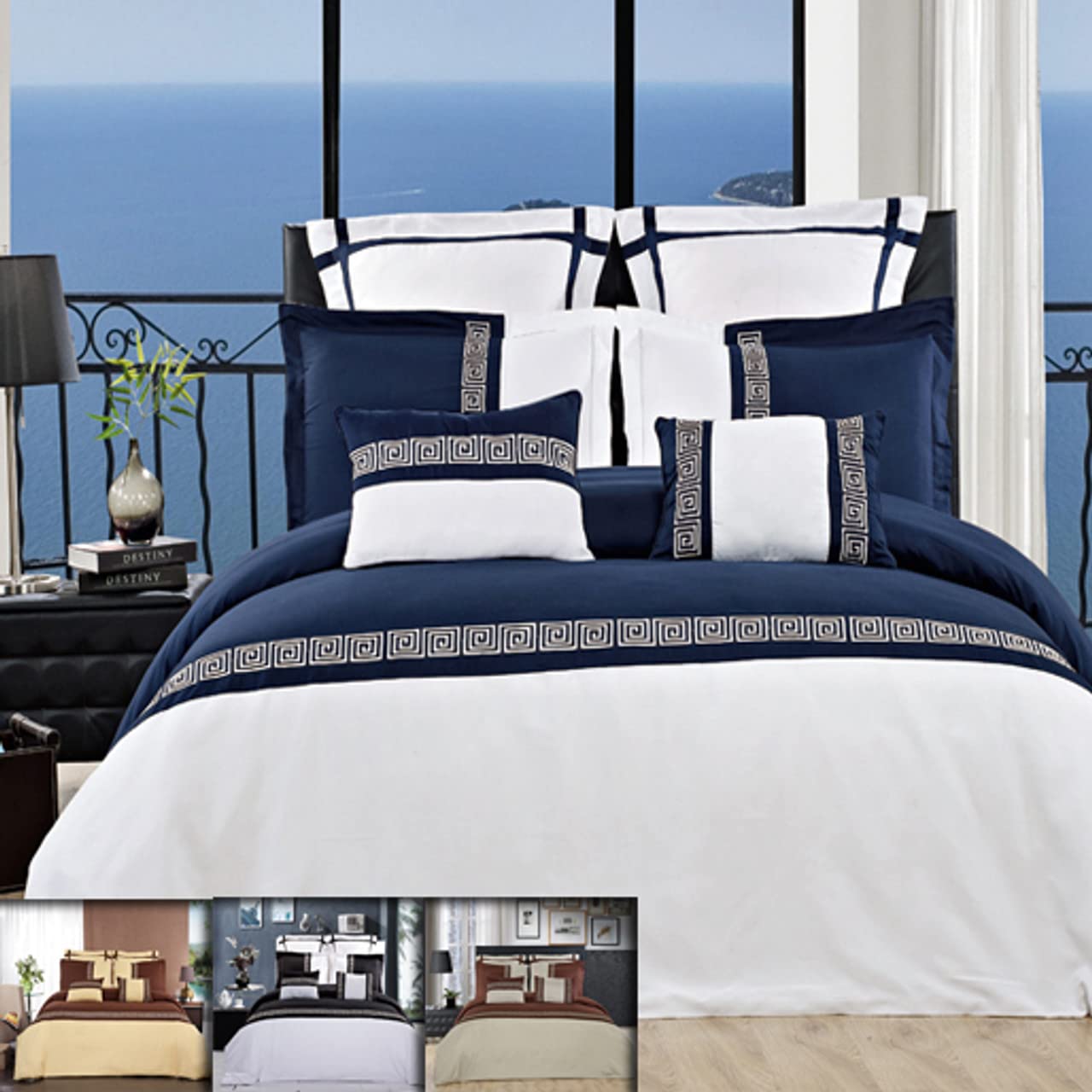 Royal Hotel Luxury 8-Piece Full/Queen Comforter Set - Down Alternative Duvet Insert, Shams, Sheets - Astrid White & Black - Perfect for Bedroom, Guest Room, Airbnb
