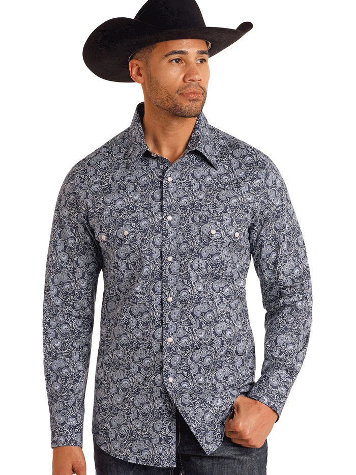 Rock & Roll Denim BMN2S05485 Men's Long Sleeve Paisley Snap Button Shirt Blue - Vintage Western Style for Concerts & Casual Wear