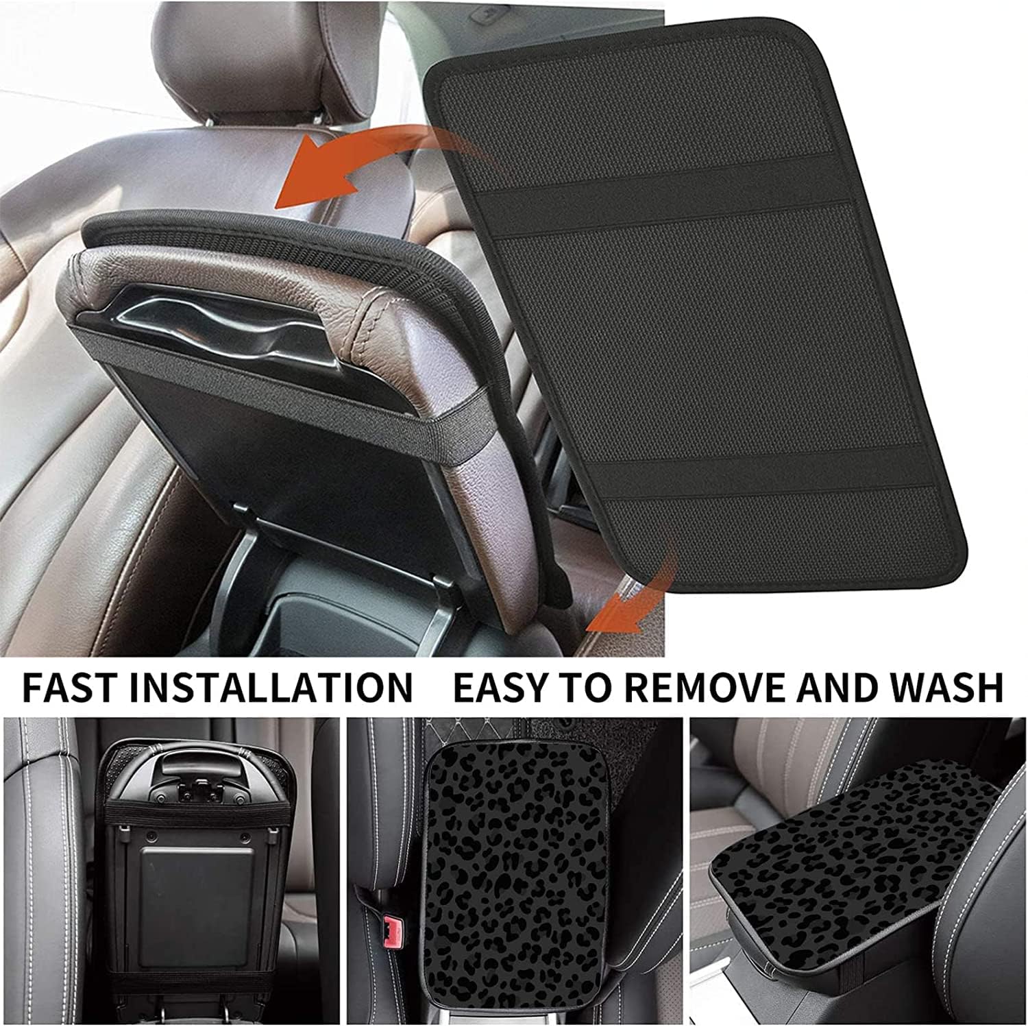 Universal Leopard Print Car Center Console Cover - Waterproof Armrest Protector for Cars, Black & Green Cheetah Animal Design - Includes Bonus Car Coaster | Perfect for SUVs, Sedans & Trucks