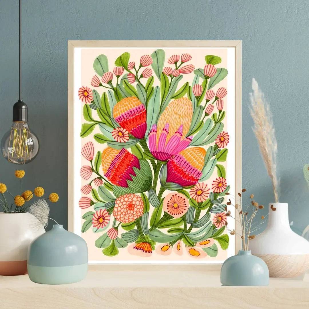 Protea & Gum Blossoms Botanical Art Print - Premium Floral Wall Decor for Living Room, Bedroom & Office | Nature-Inspired Home Decor Gift