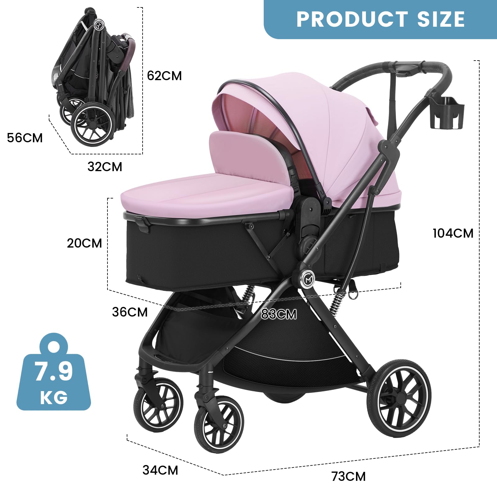 **Pink Baby Stroller Bassinet - 3-in-1 Convertible Travel Stroller for Newborn, Infant & Toddler | Lightweight, Foldable, One-Hand Operation, Reversible Seat & Extra Storage | Perfect for Shopping, Travel & Daily Walks**
