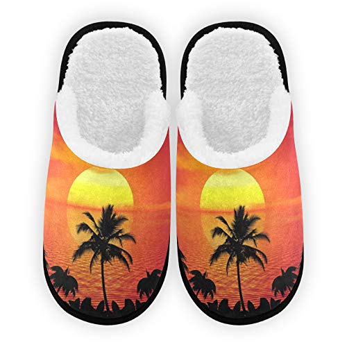 Women's Cozy Coconut Tree Slippers with Soft Coral Lining - Warm Indoor/Outdoor House Shoes for Bedroom, Lounge & Backyard Comfort