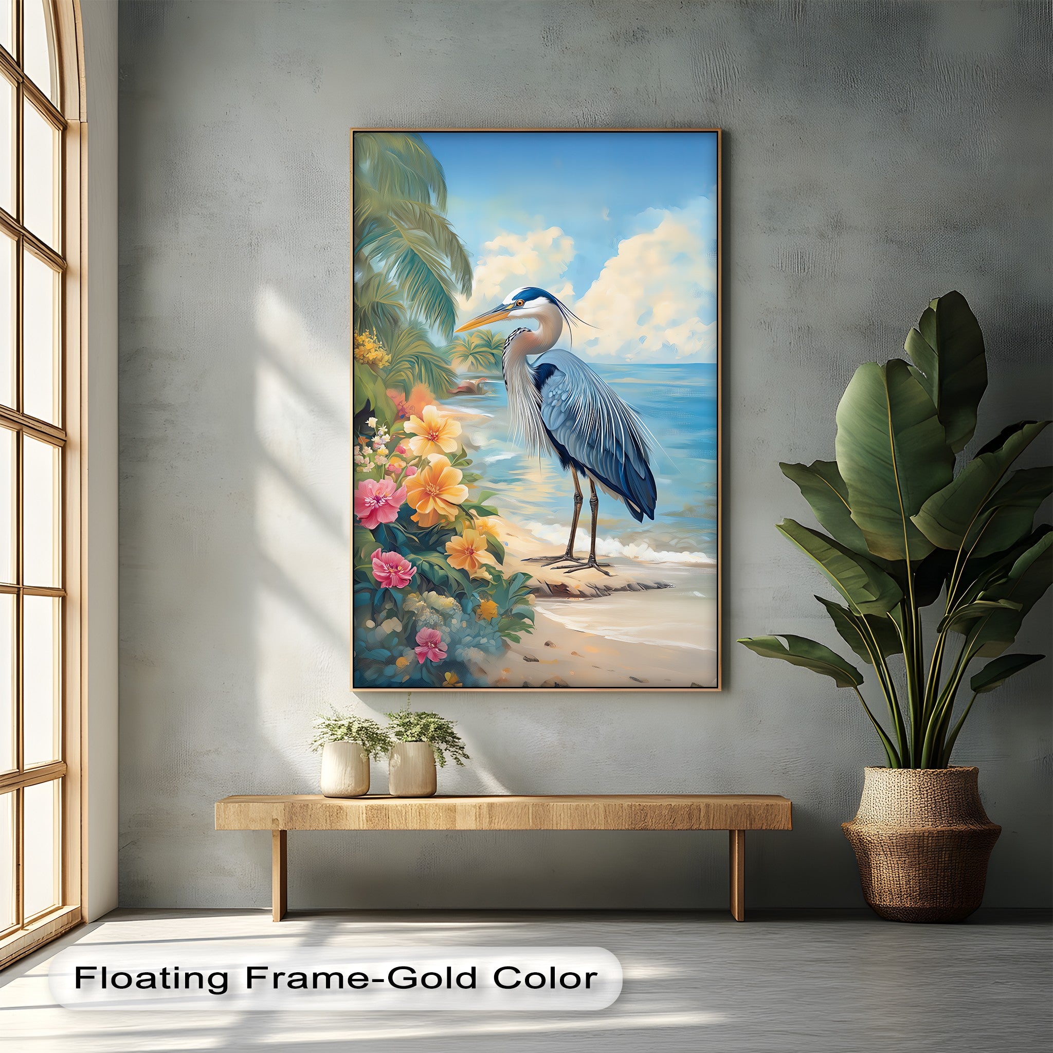 Coastal Heron and Hibiscus Bloom Canvas Print - Tropical Beach Wall Art for Living Room, Bedroom & Office Decor