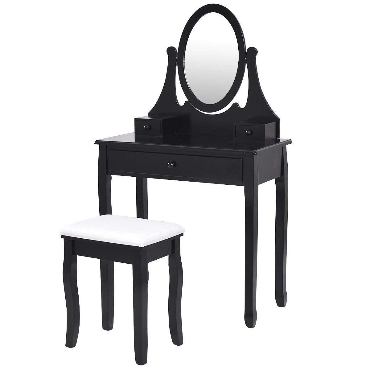 Casart Black Wooden Bathroom Vanity Set with Mirror & 3 Drawers - Makeup Dressing Table & Stool Combo for Modern Bathroom Decor | Perfect for Small Spaces & Daily Beauty Routine