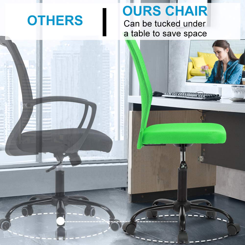 Ergonomic Mesh Office Chair - Adjustable Height Mid Back Computer Desk Chair with Wheels & Swivel, No Armrest, Green - Perfect for Home Office, Study, Gaming & Small Workspaces