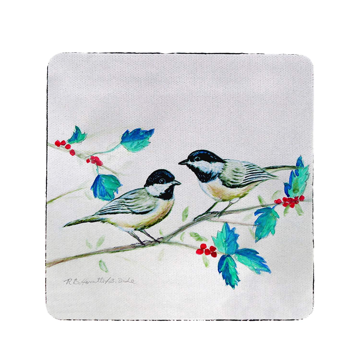 Betsy Drake Christmas Chickadees Coaster Set of 4 - Holiday Drink Coasters for Christmas Decor, Table Setting & Gift Giving