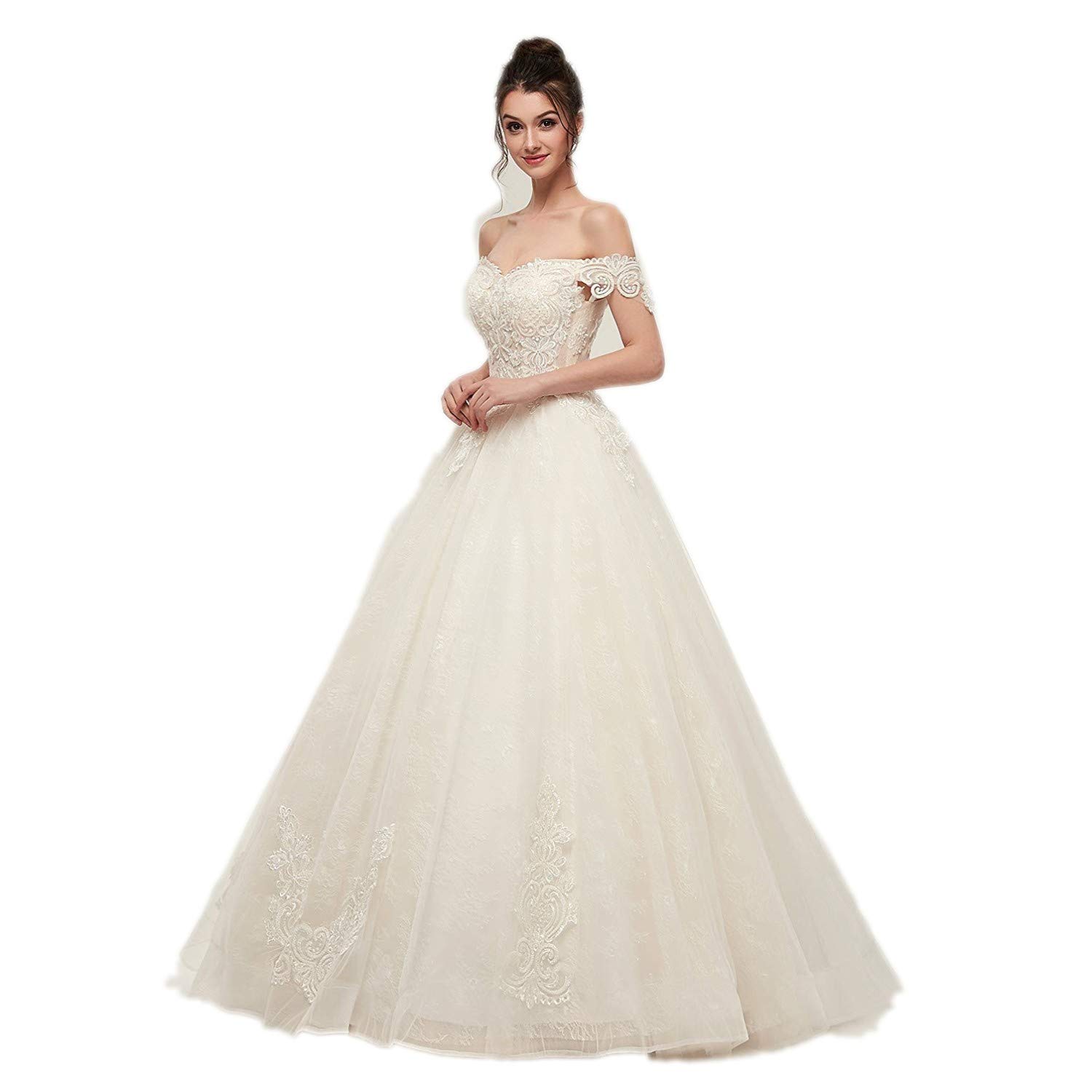 FCOMES Women's Luxury Sleeveless Lace Appliques Off Shoulder Wedding Dress - A-Line Ball Gown Bridal Gown in White for Bride, Prom, Evening Gala & Special Occasions