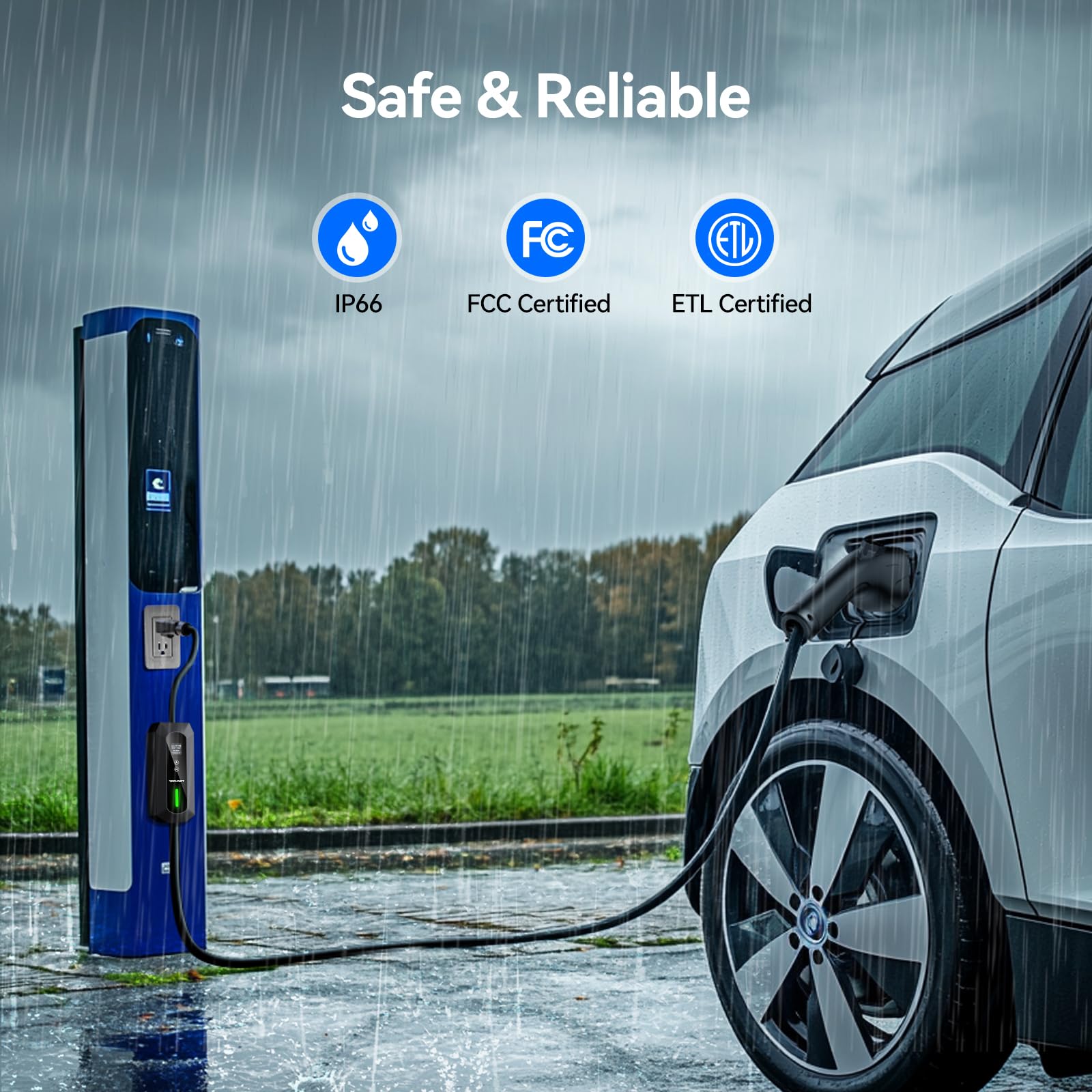 TECKNET Level 1 & 2 EV Charger - 16A Electric Vehicle Charging Station with 25FT Cable, NEMA 6-20 Plug & 5-15 Adapter, J1772 Connector for All EV Models - Perfect for Home, Office & Road Trip Charging